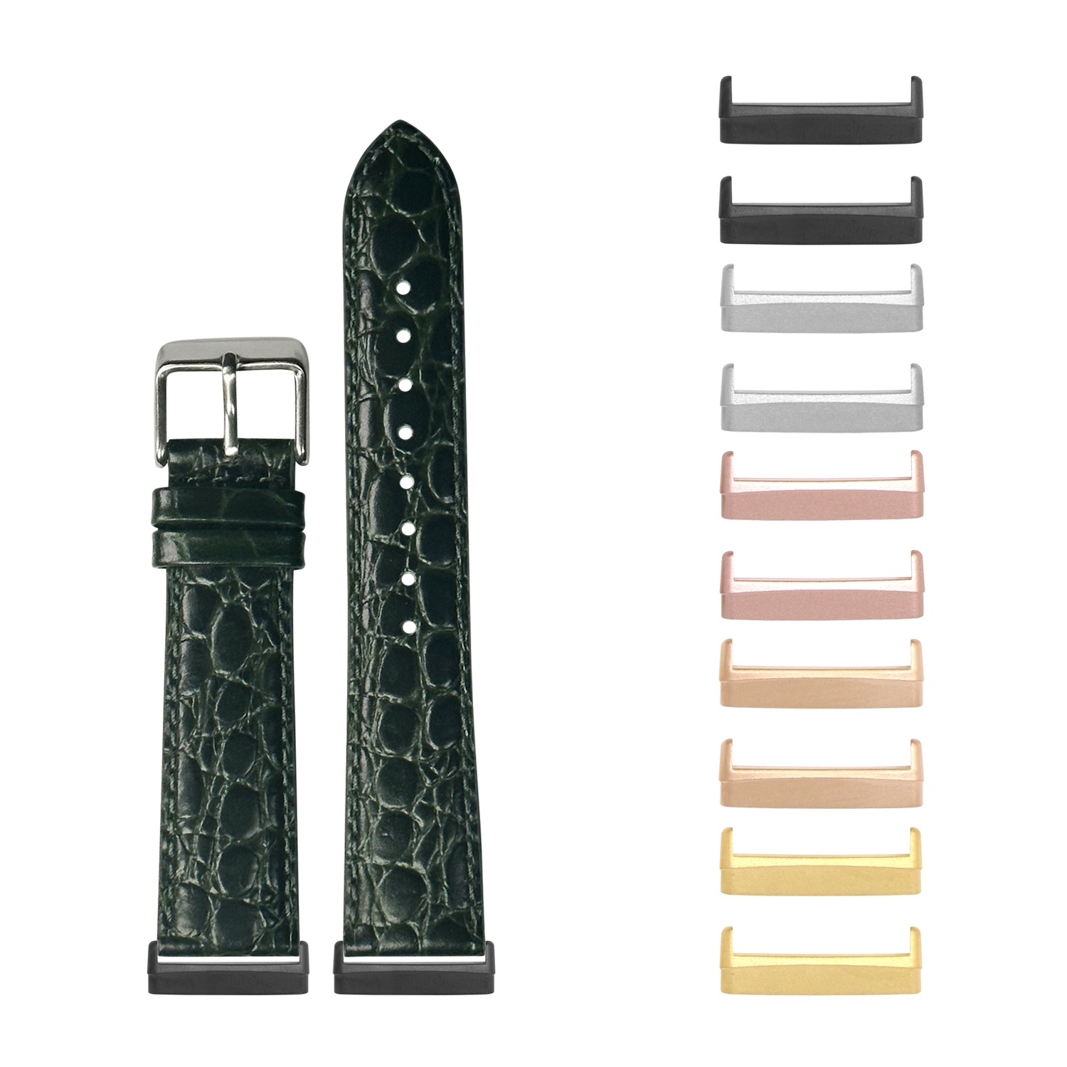Dark green alligator leather smartwatch band with silver buckle and interchangeable metal lugs in multiple finishes