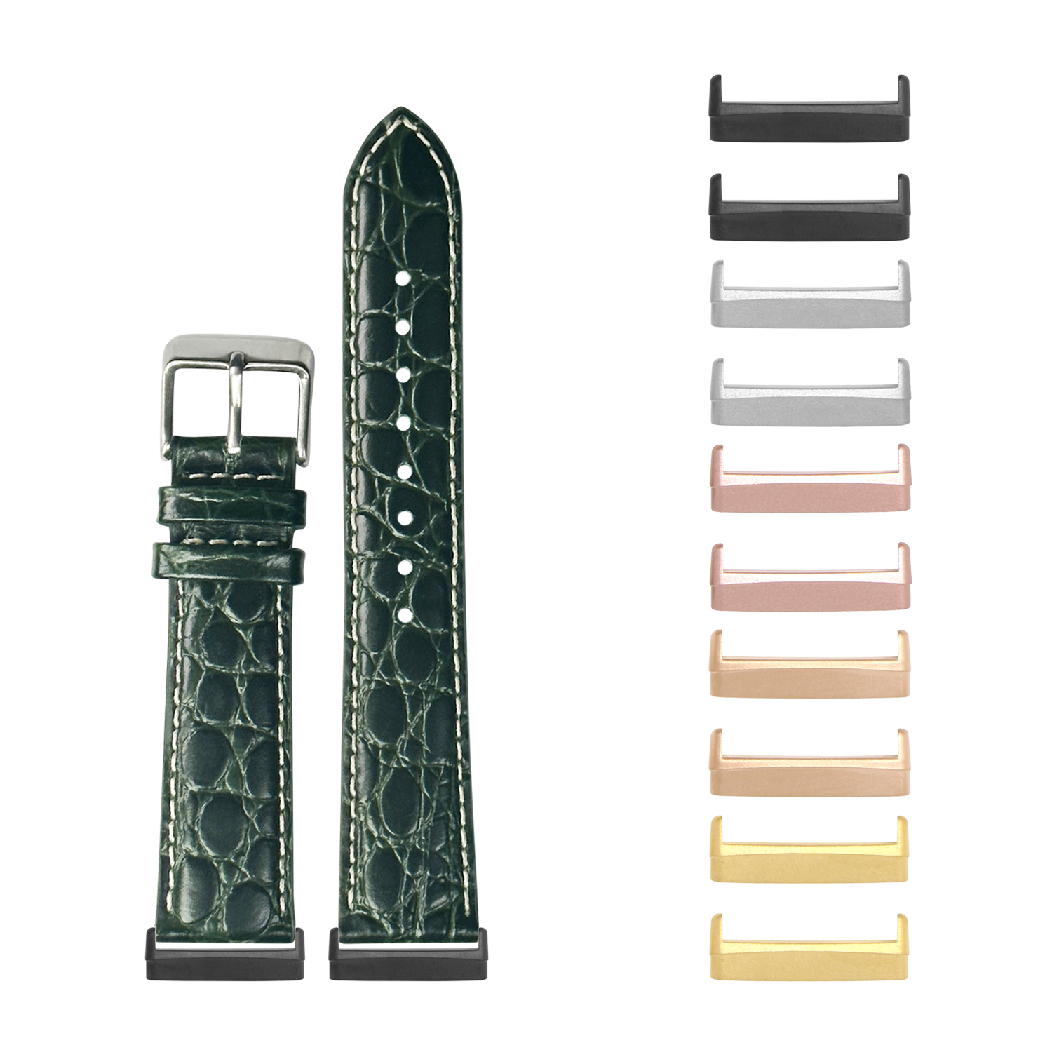 Dark green alligator leather watch band with white stitching and interchangeable metal lugs for Fitbit Versa and Sense smartwatches