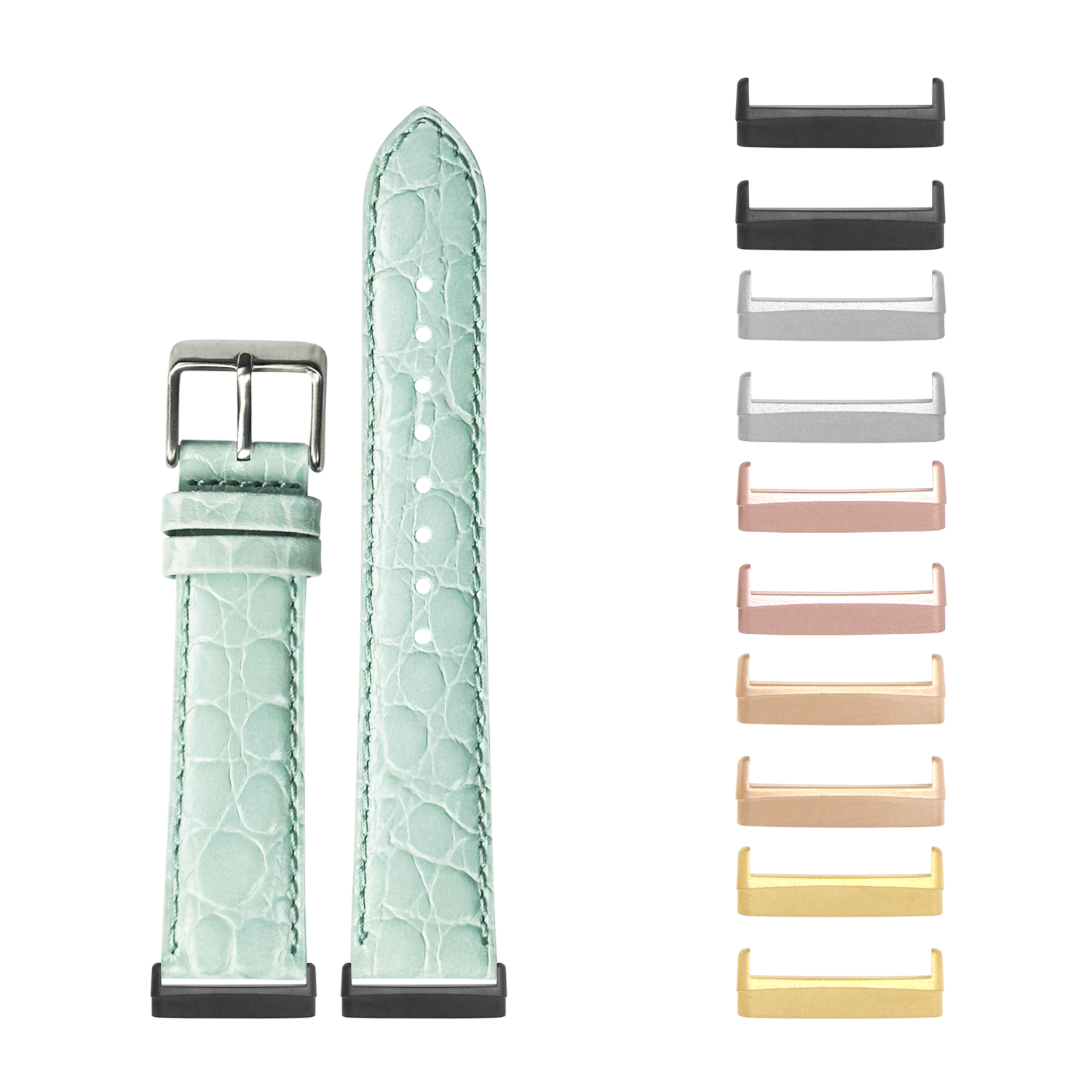 Light tiffany blue alligator leather watch band with interchangeable metal lugs for Fitbit Versa and Sense smartwatches