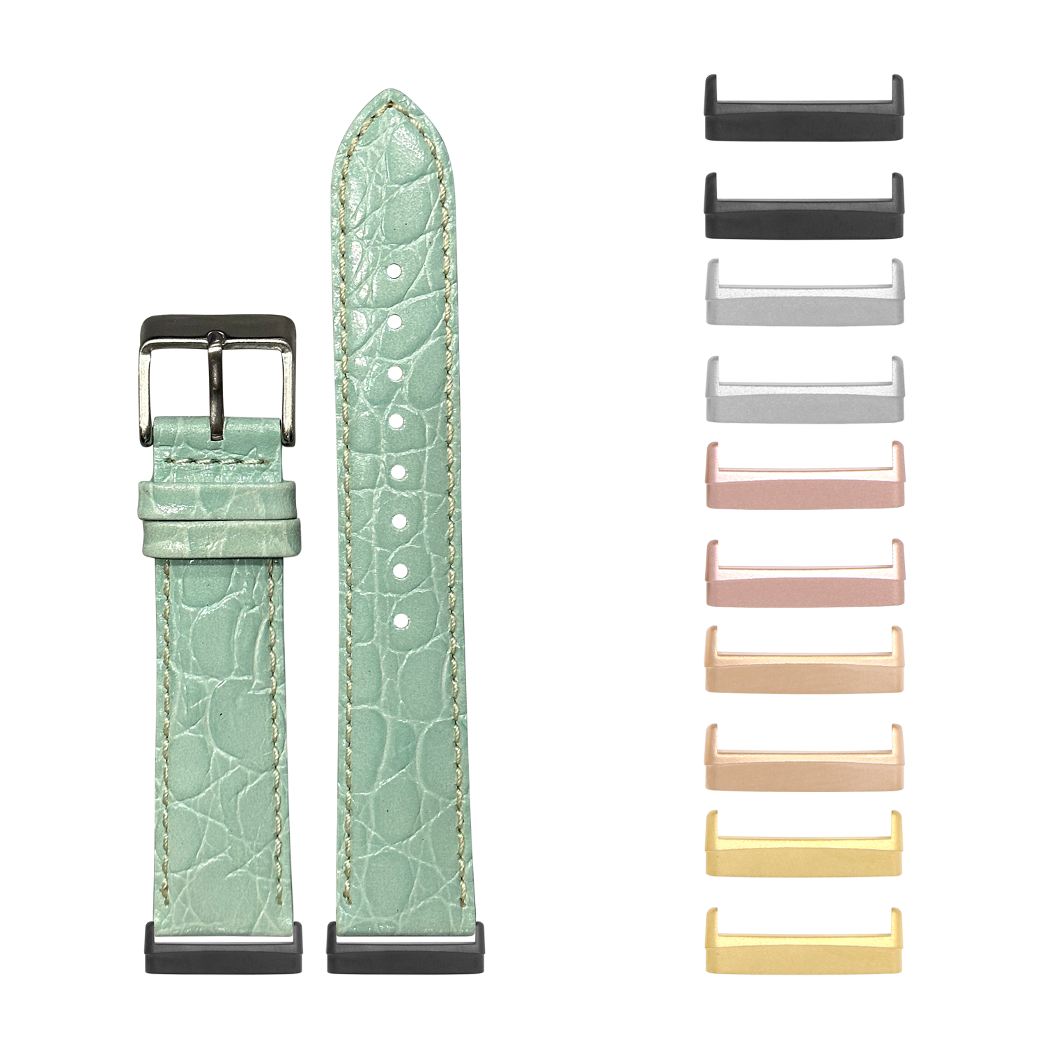 Mint green alligator leather smartwatch band with interchangeable metal lugs in multiple finishes including black, rose gold, and champagne gold