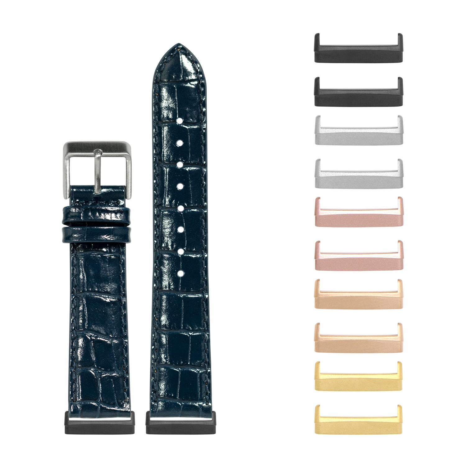 Navy blue alligator leather watch band with interchangeable metal lugs for Fitbit Versa and Sense smartwatches