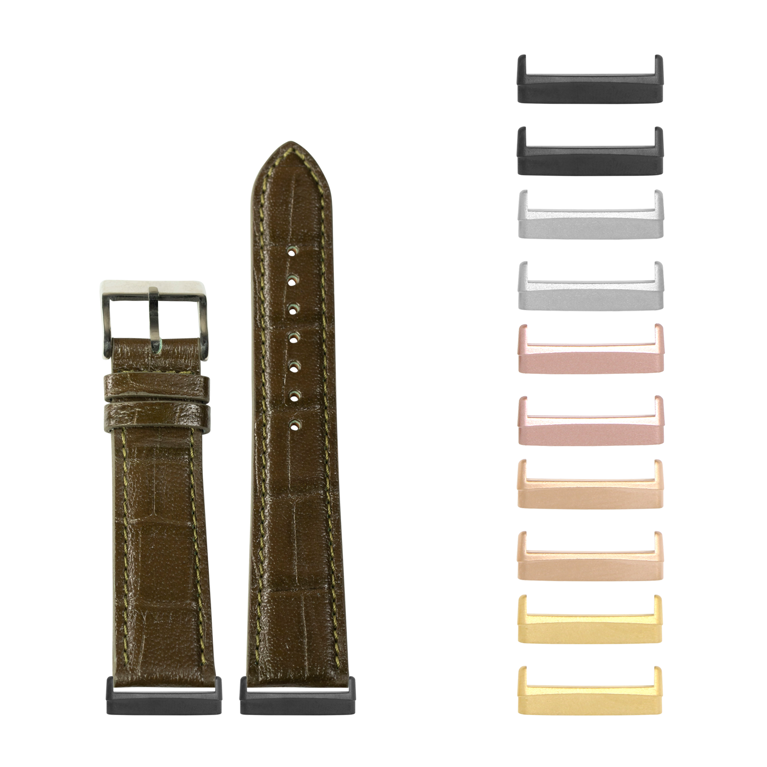 Olive green alligator leather watch band with interchangeable metal lugs for Fitbit Versa 3, Versa 4, Sense 1 and Sense 2