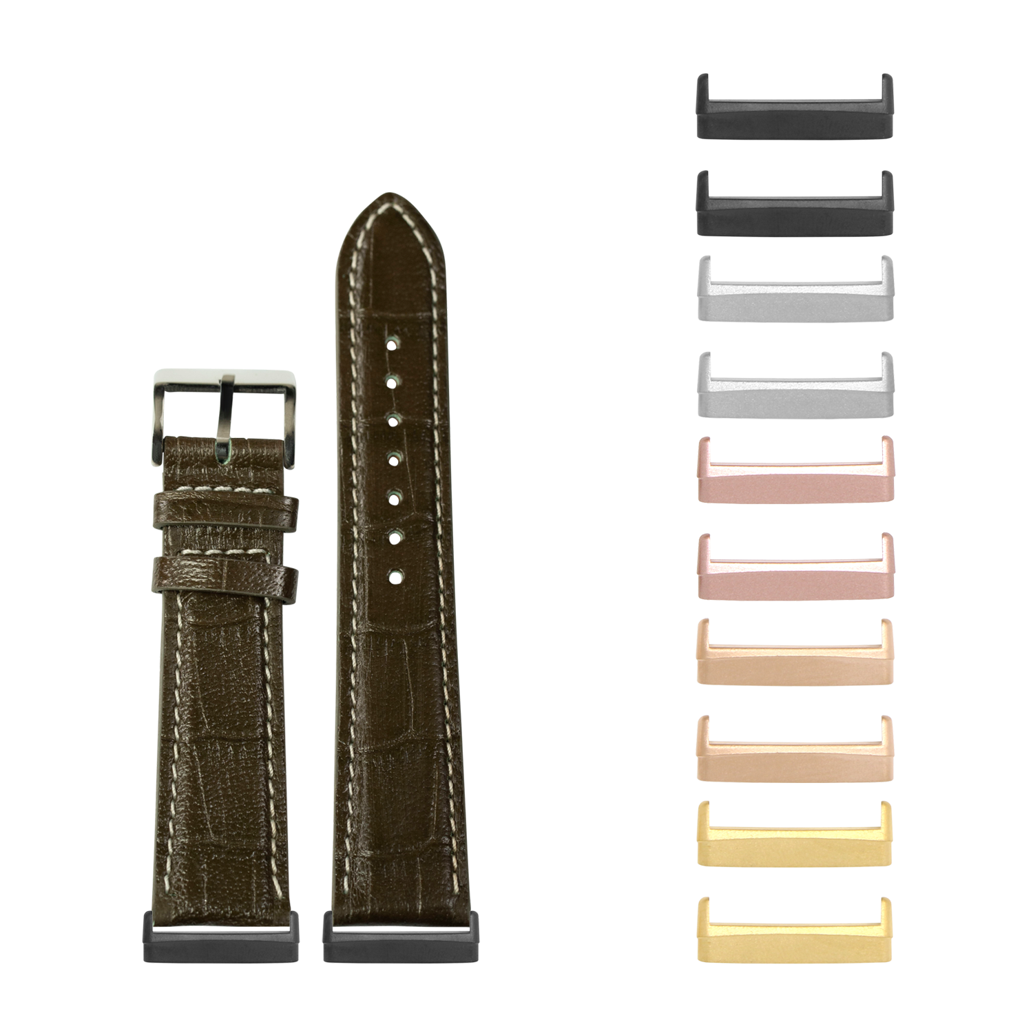 Olive green alligator leather watch band with contrast white stitching and interchangeable metal lugs in multiple finishes for Fitbit Versa and Sense