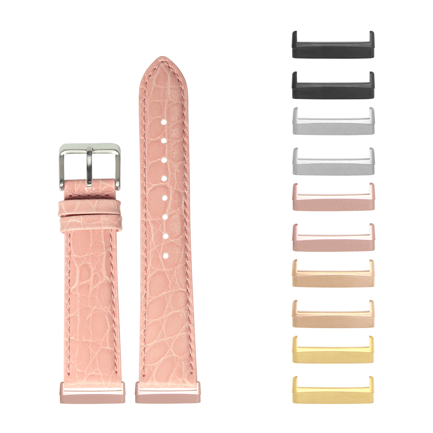 Pink alligator leather smartwatch band with interchangeable metal connectors in multiple finishes for Fitbit Versa and Sense
