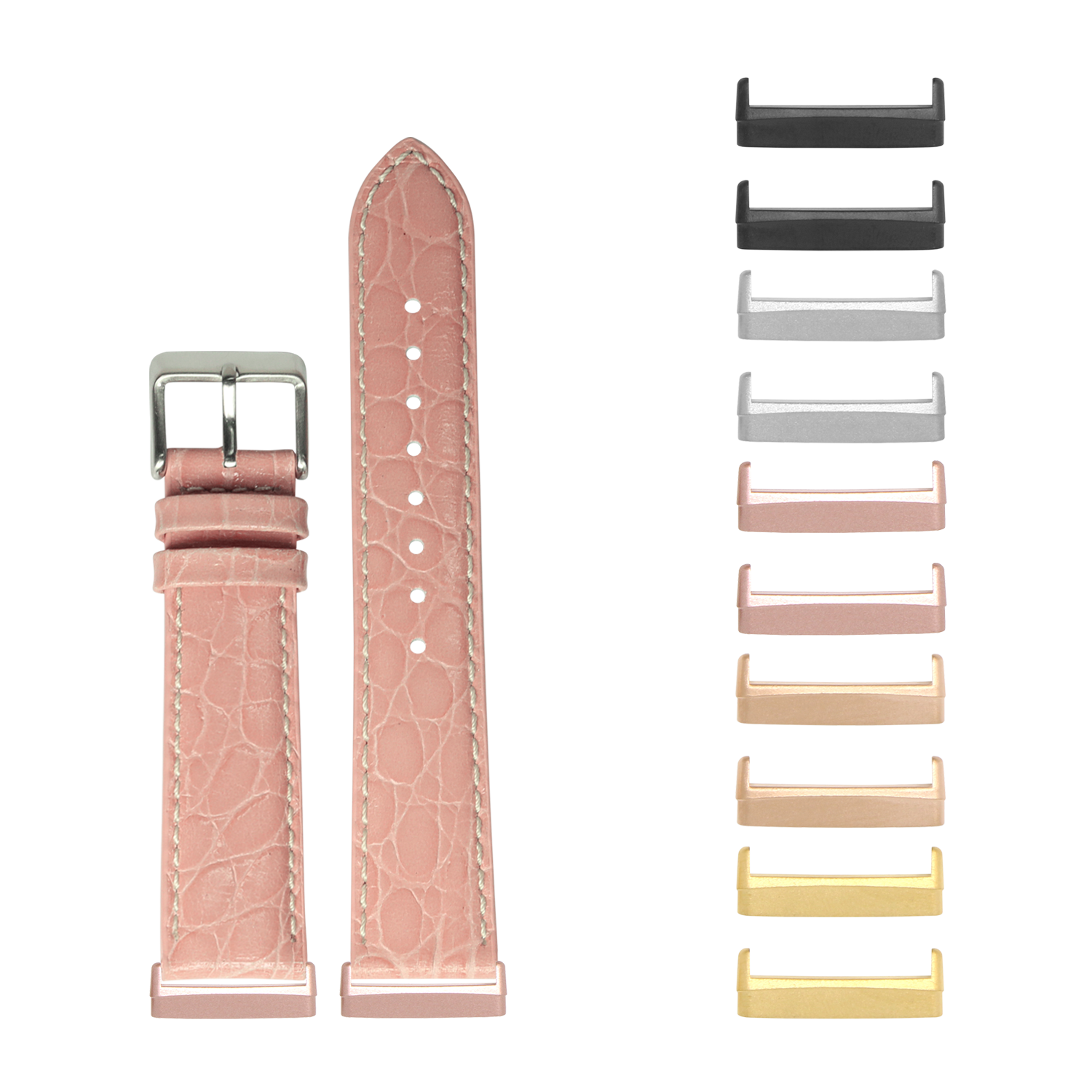 Pink alligator leather watch band with white stitching and interchangeable metal lugs in multiple finishes for Fitbit Versa and Sense smartwatches