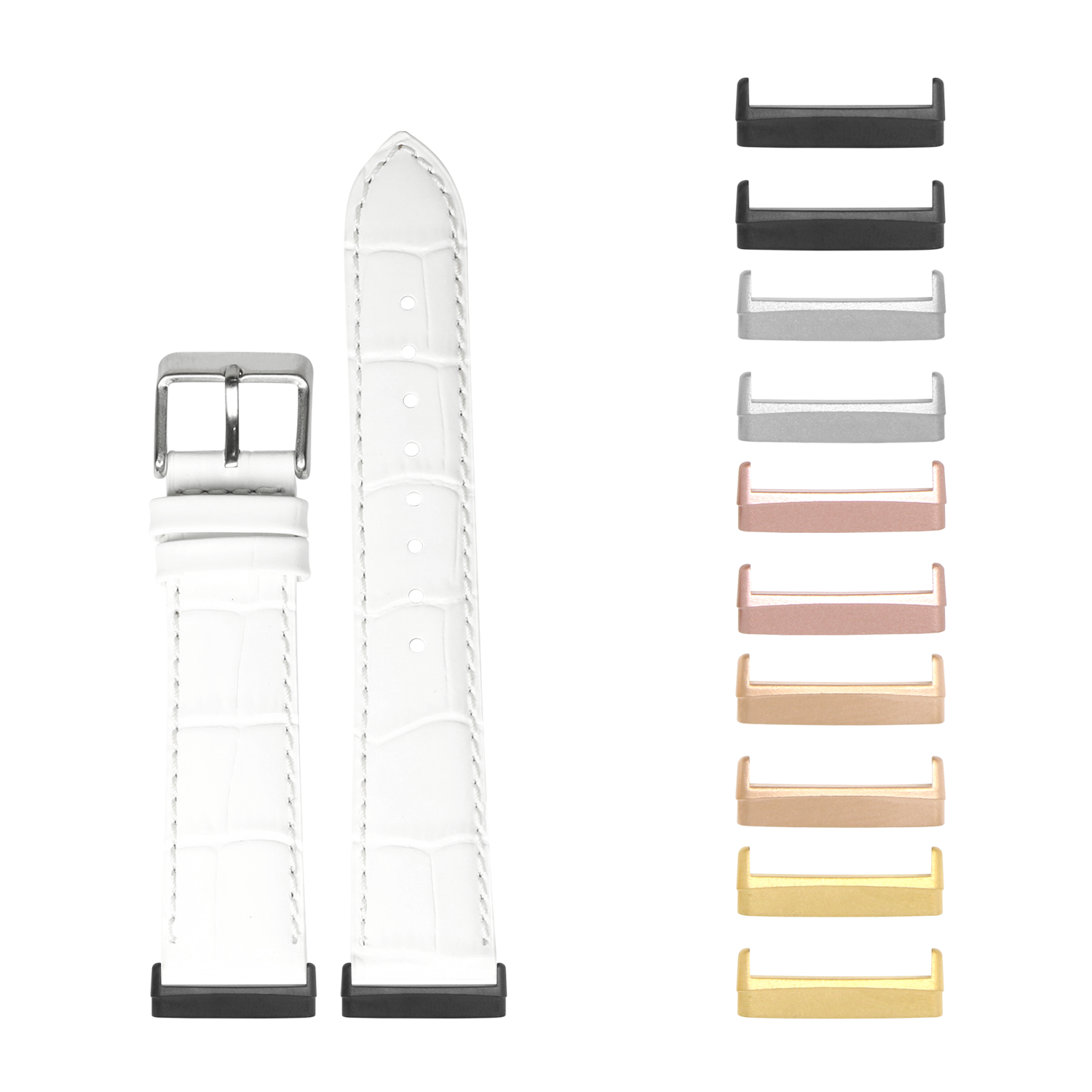 White alligator leather watch band with interchangeable metal lugs in multiple finishes for Fitbit Versa and Sense smartwatches