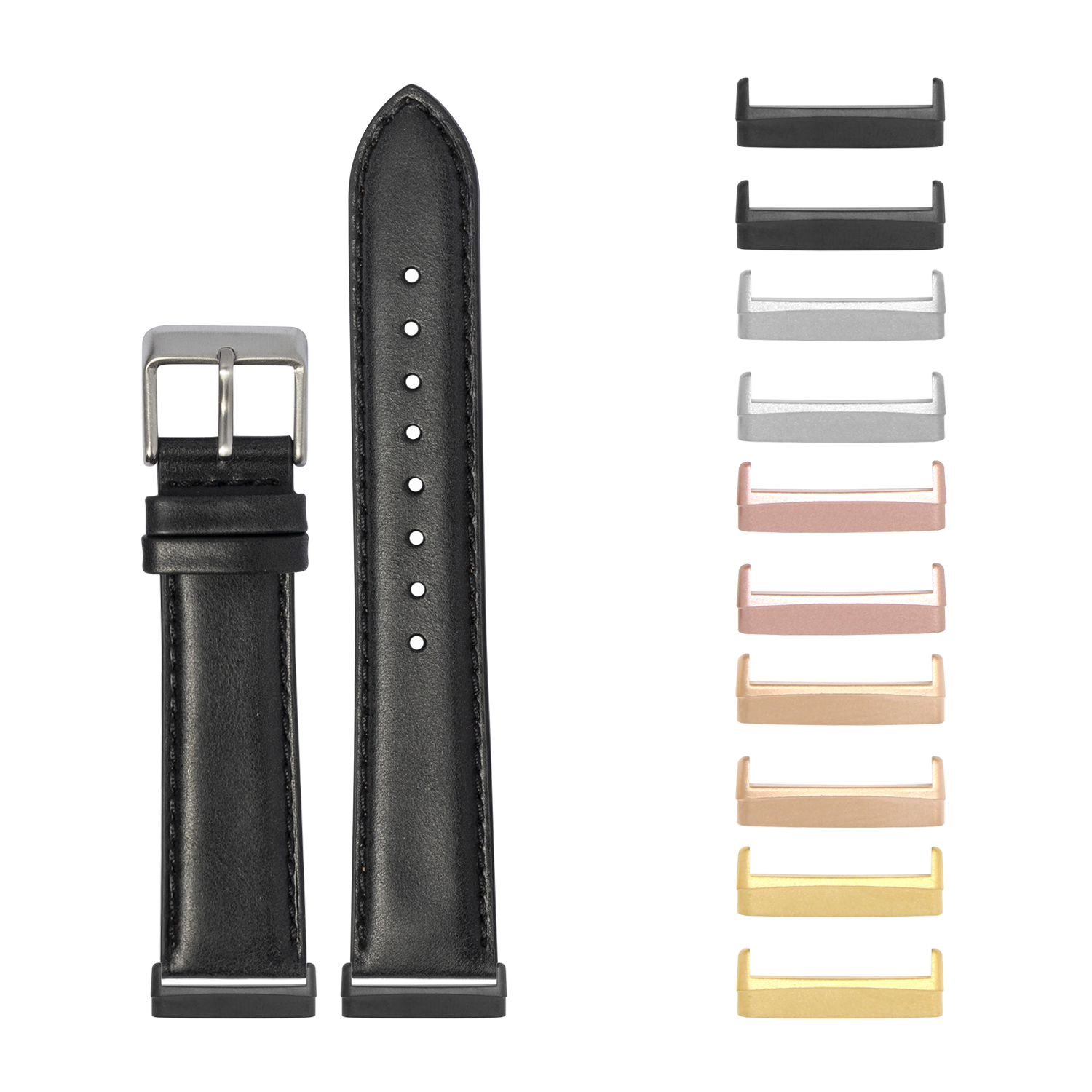 Black padded leather watch band with silver buckle for Fitbit Versa and Sense smartwatches, shown with interchangeable metal lugs in multiple finishes
