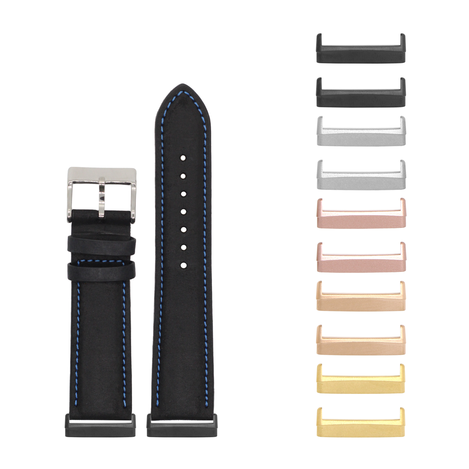 Black padded leather watch band with blue stitching and interchangeable metal lugs in multiple finishes for Fitbit Versa and Sense
