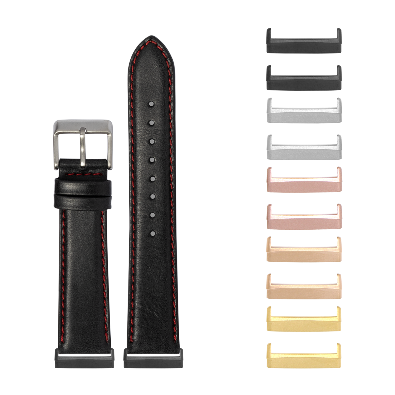 Black padded leather watch band with red stitching and interchangeable metal lugs in multiple finishes for Fitbit Versa and Sense