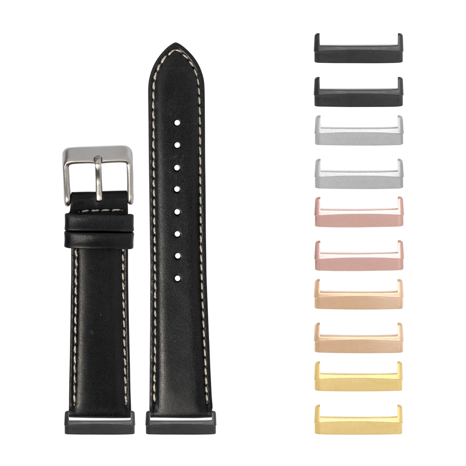 Black padded leather watch band with white stitching and interchangeable metal buckles in multiple finishes for Fitbit Versa and Sense