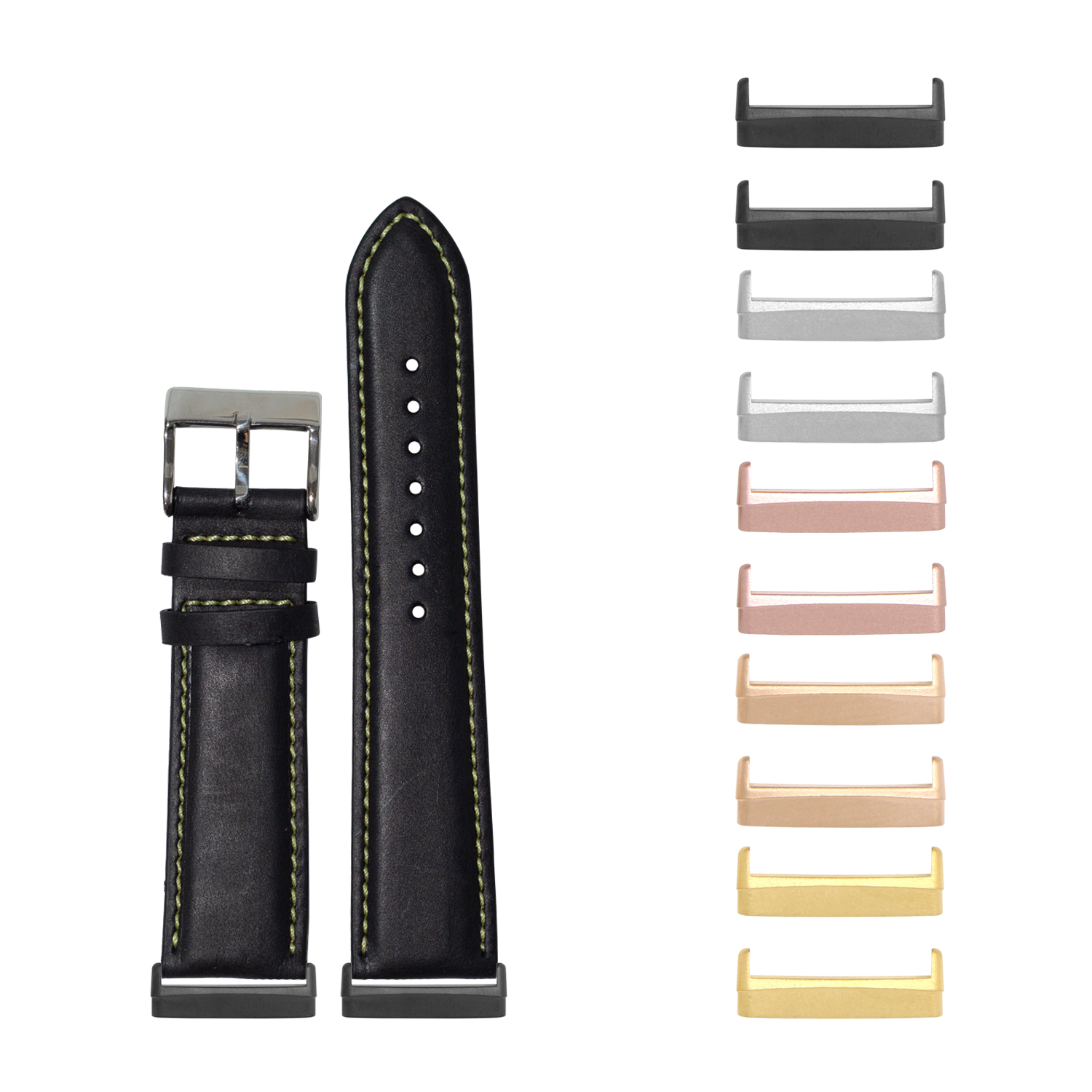 Black leather watch band with yellow stitching and interchangeable metal lugs in multiple finishes for Fitbit Versa and Sense