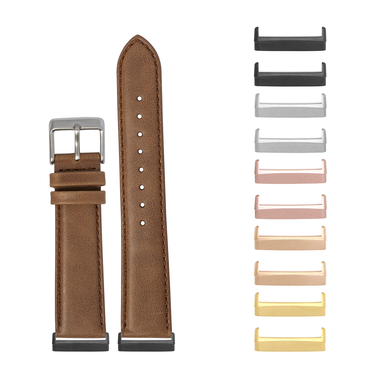 Brown leather padded watch band with interchangeable metal case connectors for Fitbit Versa and Sense smartwatches