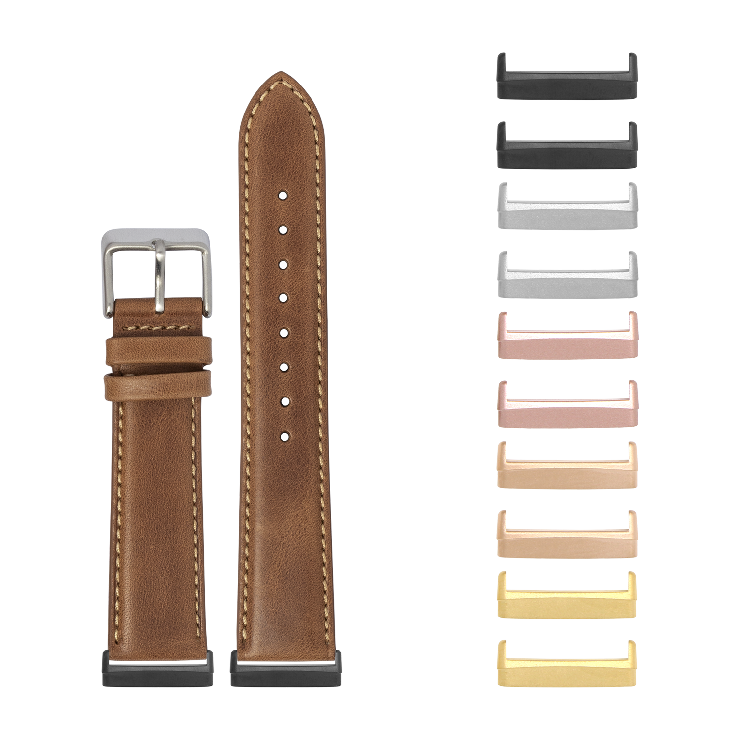 Brown leather watch band with beige stitching, curved tip, stainless steel buckle, and interchangeable metal connectors in multiple finishes