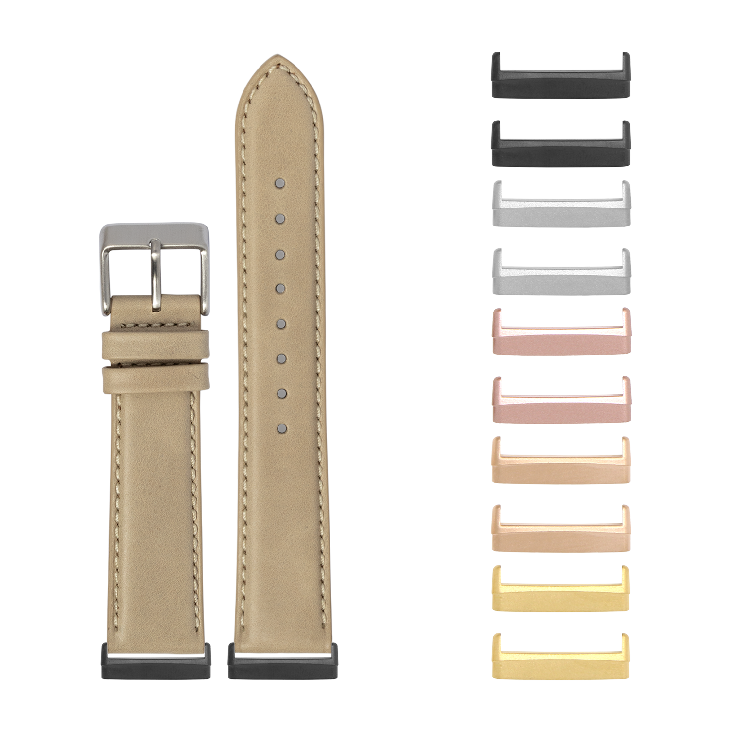 Cream leather watch band with silver buckle and interchangeable metal lugs in multiple finishes for Fitbit Versa and Sense smartwatches
