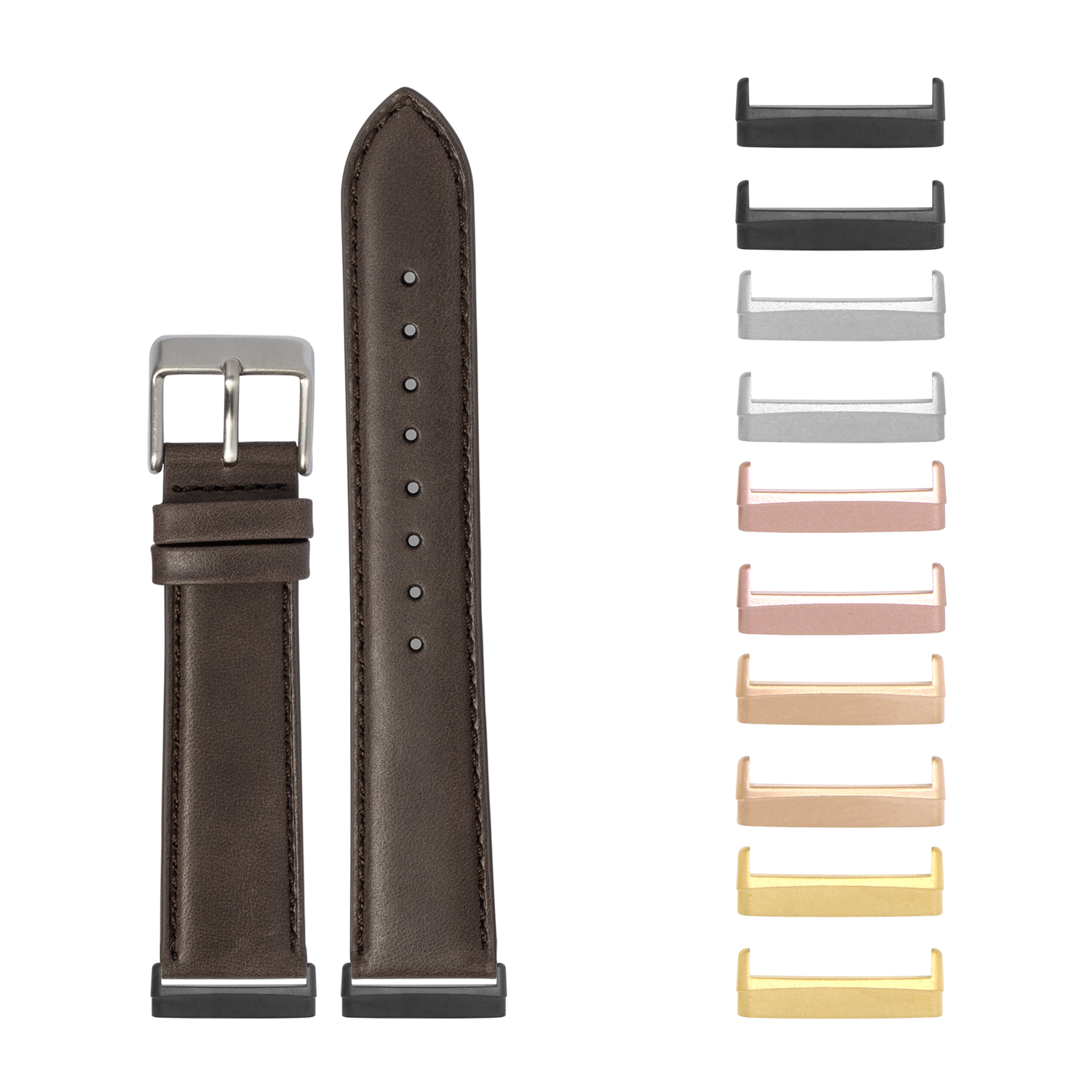 Dark brown leather watch band with silver buckle and interchangeable metal lugs in multiple finishes for Fitbit Versa and Sense smartwatches
