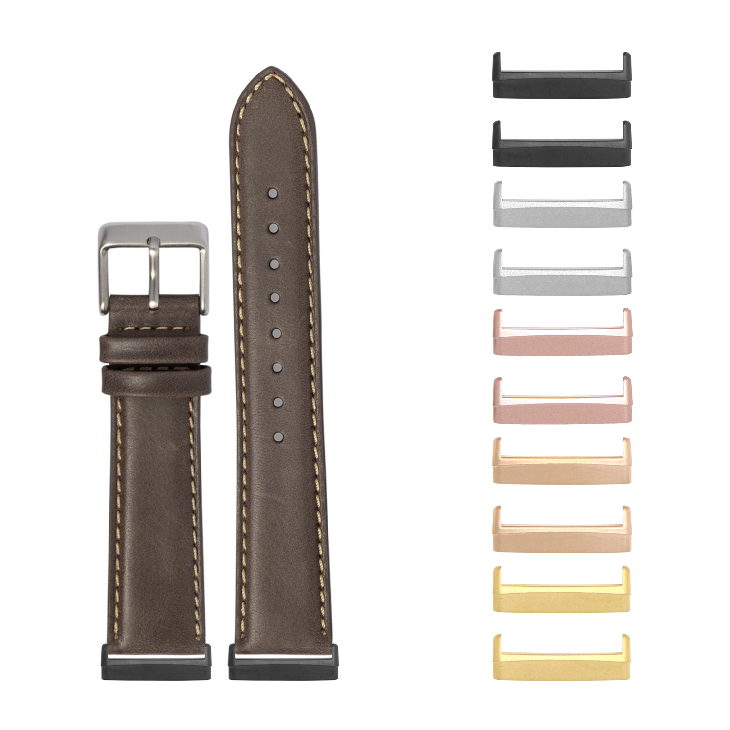 Dark brown padded leather watch band with beige stitching and interchangeable metal lugs for Fitbit Versa and Sense smartwatches