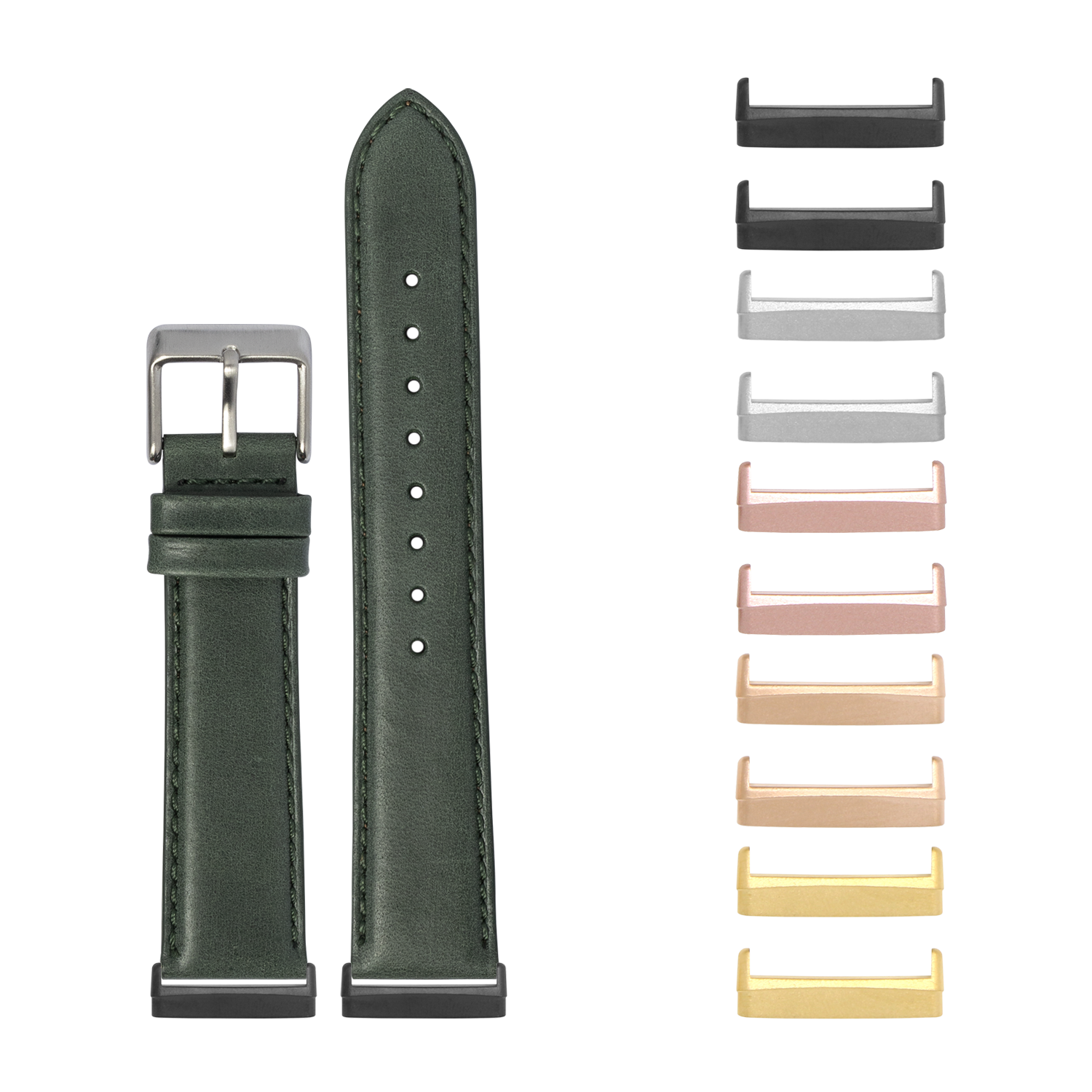 Green padded leather watch band with stainless steel buckle and interchangeable metal lugs for Fitbit Versa and Sense smartwatches