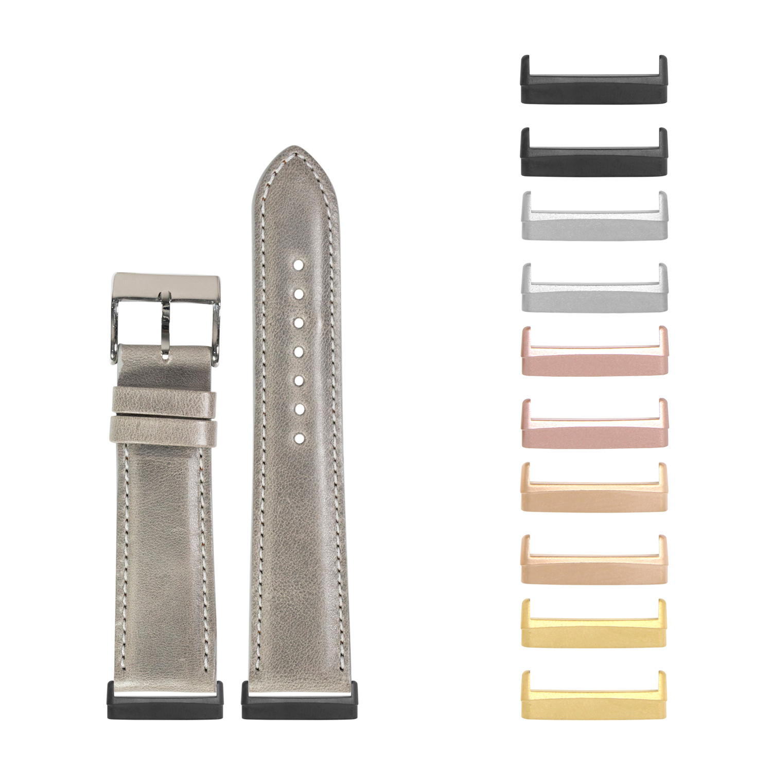 Grey padded leather watch band with interchangeable metal lugs for Fitbit Versa and Sense smartwatch models