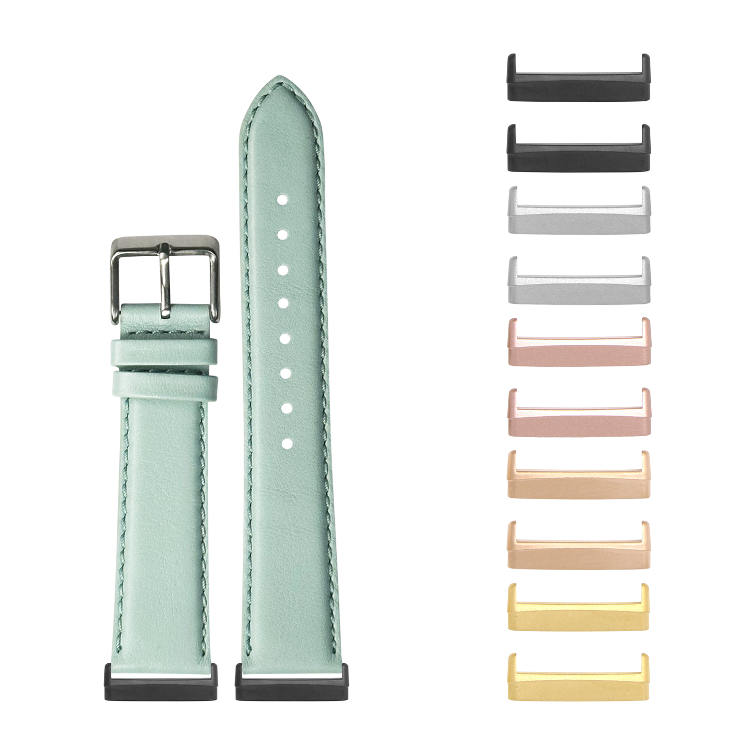 Mint green padded leather smartwatch band with silver buckle and interchangeable metal lugs in multiple finishes for Fitbit Versa and Sense