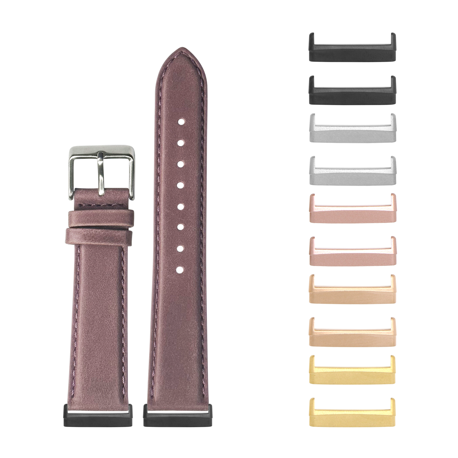 Mauve padded leather smartwatch band with silver buckle and interchangeable metal lugs in multiple finishes for Fitbit Versa and Sense