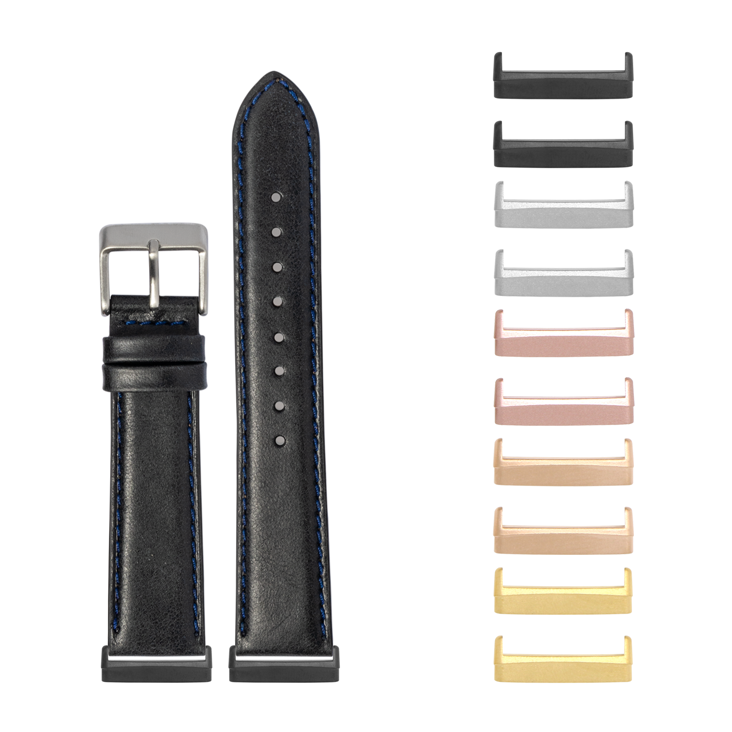 Black leather watch band with blue stitching and interchangeable metal buckles in multiple finishes for Fitbit Versa and Sense