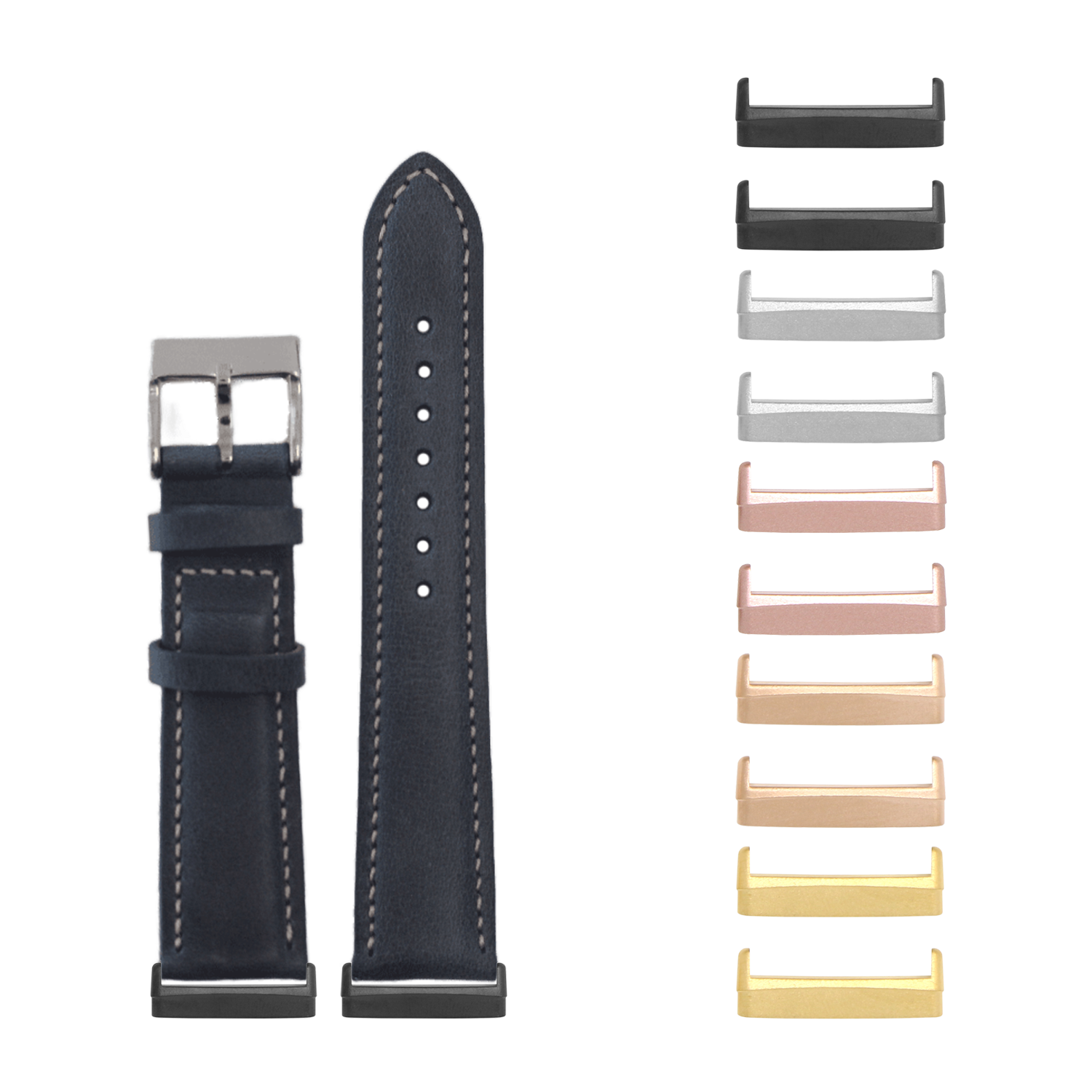 Navy blue leather watch band with white stitching and interchangeable metal connectors in multiple finishes for Fitbit Versa and Sense
