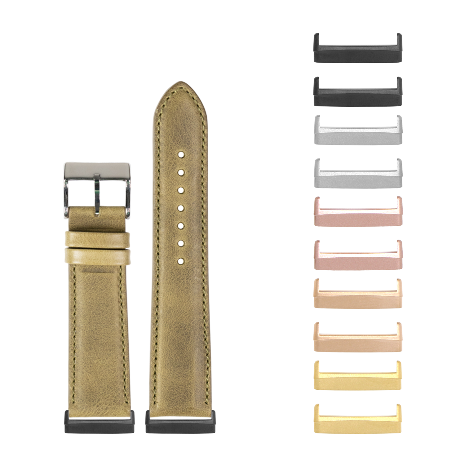 Olive green padded leather watch band with stainless steel buckle and interchangeable metal bezels in black, silver, rose gold, and gold finishes