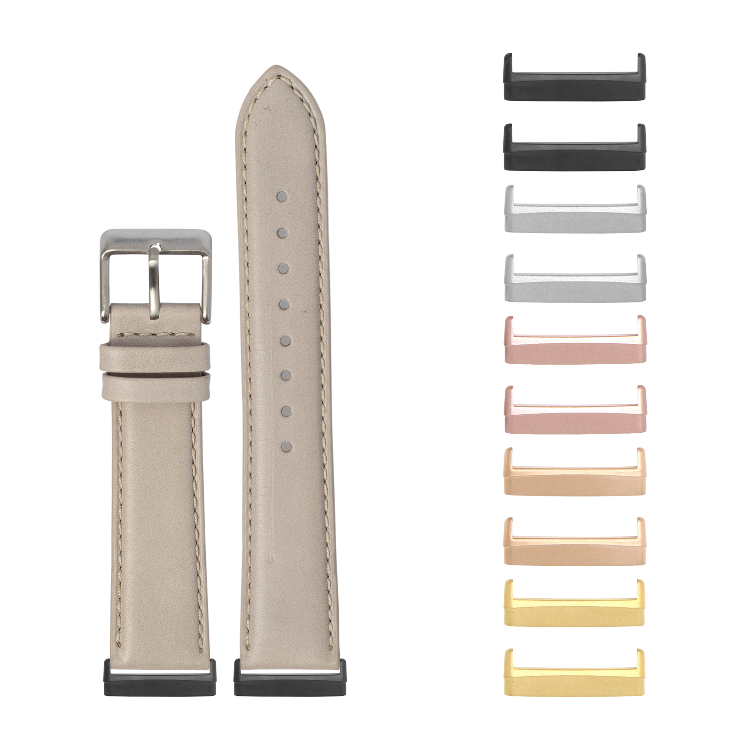 Beige leather smartwatch band with stitching and interchangeable metal lugs in multiple finishes including black, rose gold, and gold