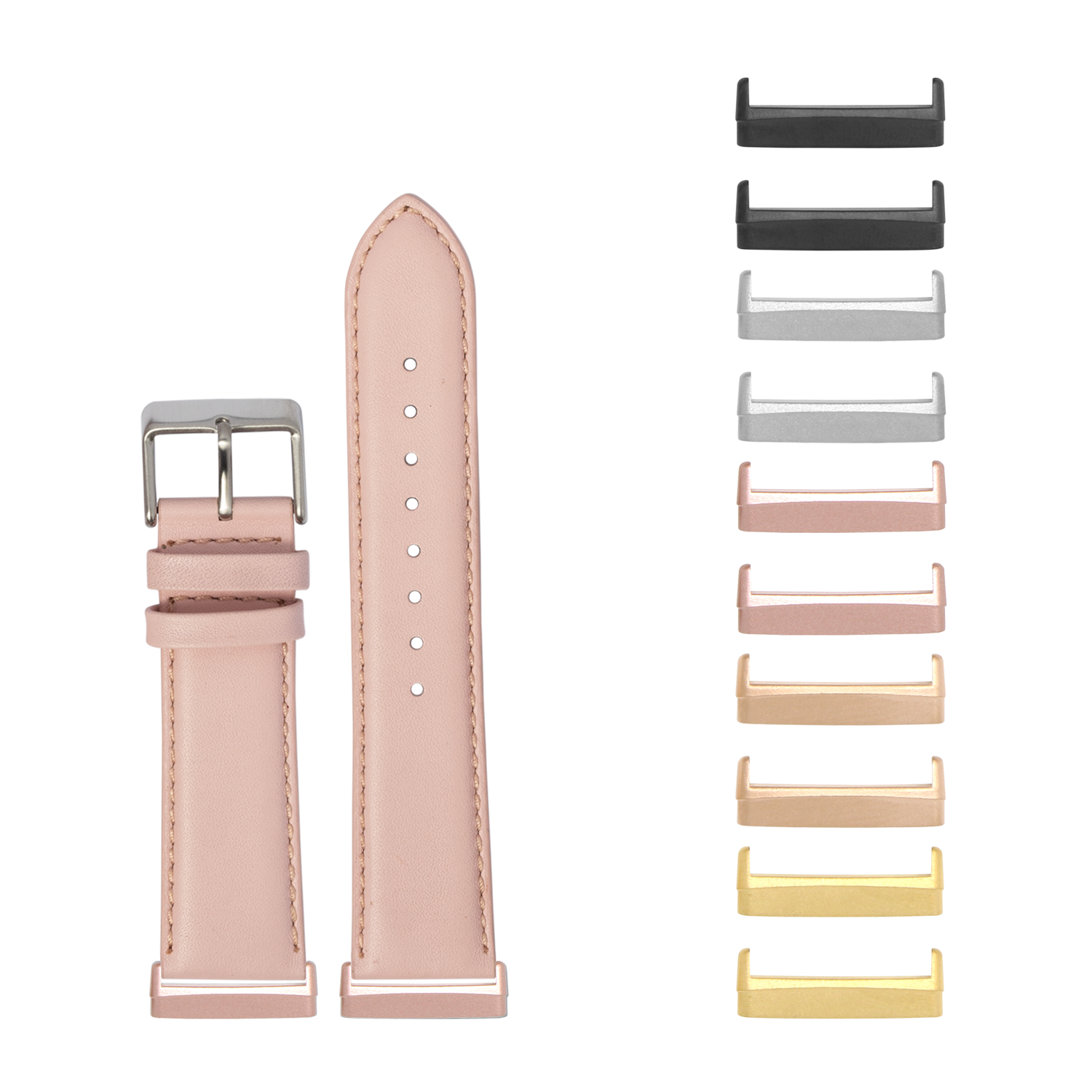 Pink padded leather watch band with silver buckle and interchangeable metal connectors in multiple colors for Fitbit Versa and Sense watches