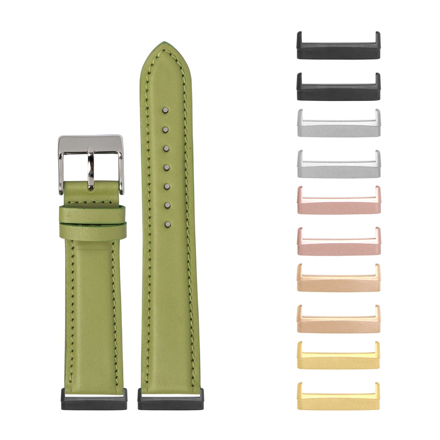 Pistachio green padded leather watch band with interchangeable metal lugs for Fitbit Versa and Sense smartwatches