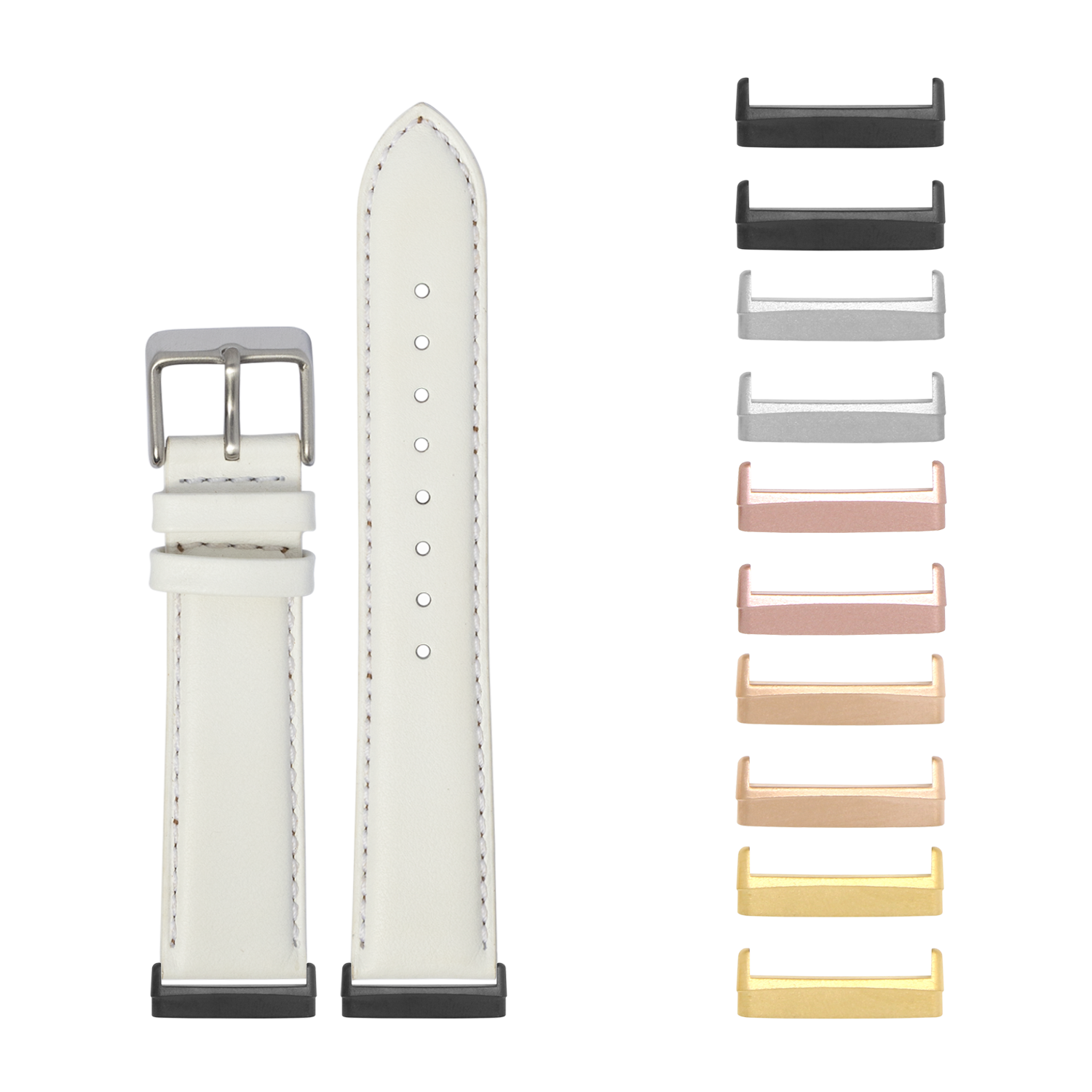 Cream leather watch band with stainless steel buckle, compatible with Fitbit Versa and Sense models, displayed with interchangeable metal lugs in multiple finishes