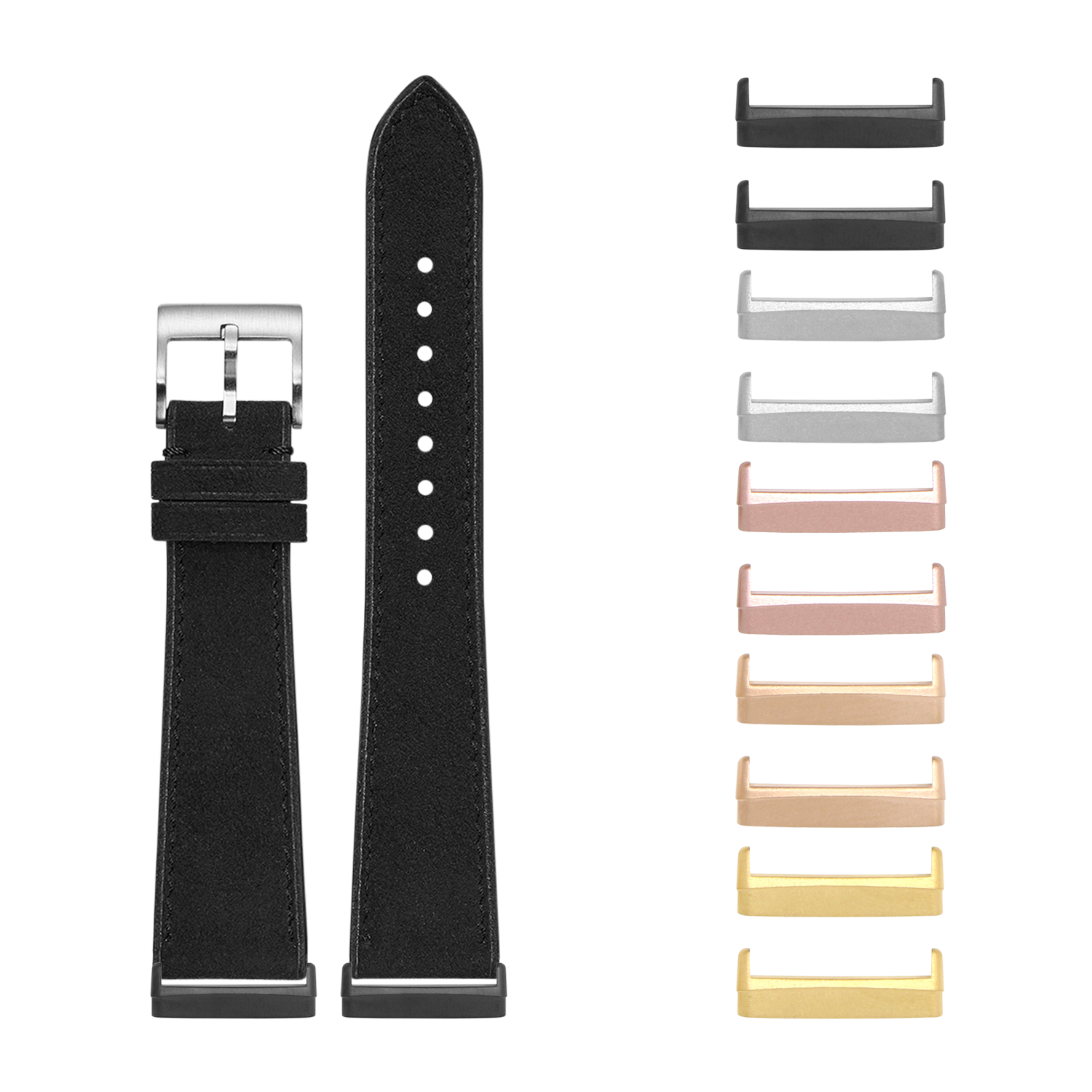 Black alcantara leather watch band for Fitbit Versa 3, Versa 4, Sense 1 and Sense 2 with interchangeable metal connectors in multiple colors