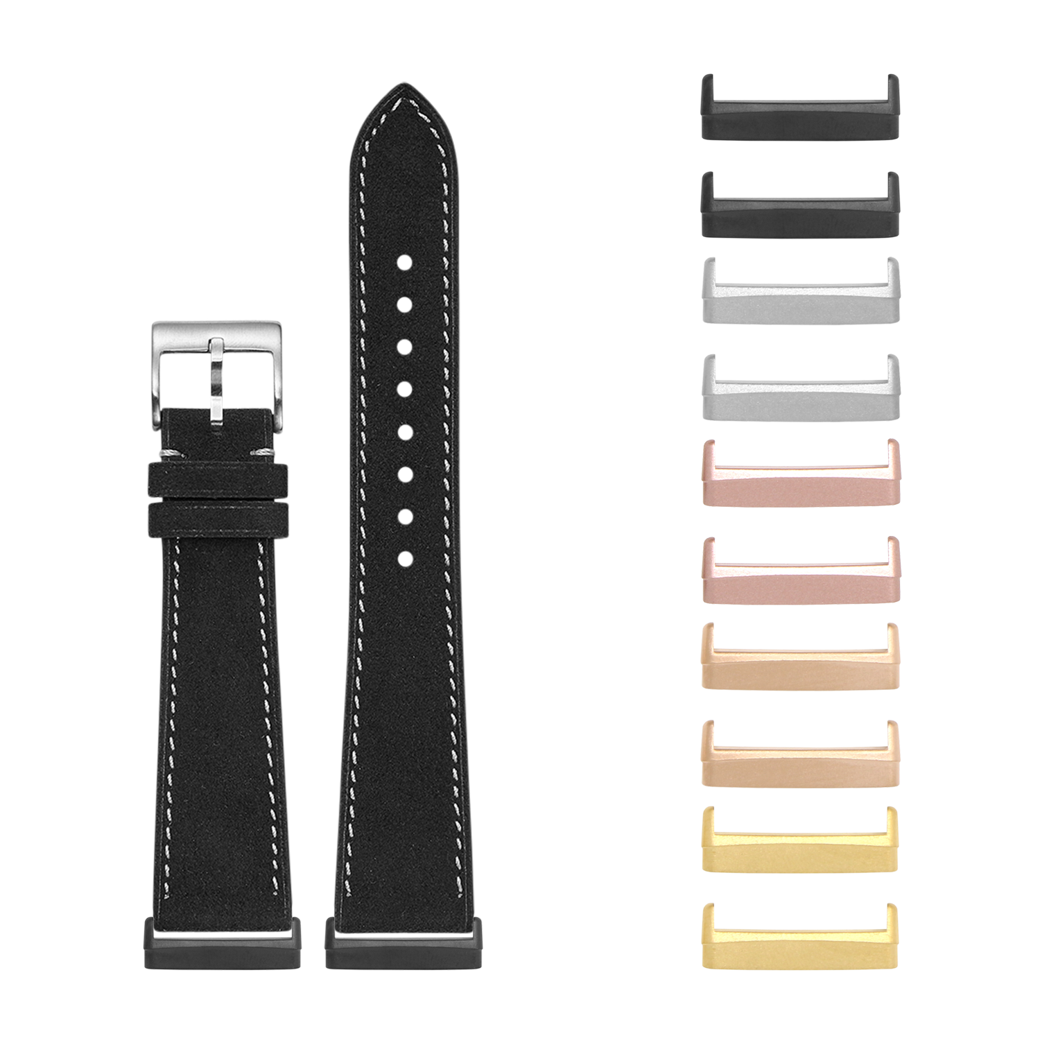 Black leather smartwatch band with white stitching and interchangeable metal connectors in multiple finishes for Fitbit Versa and Sense