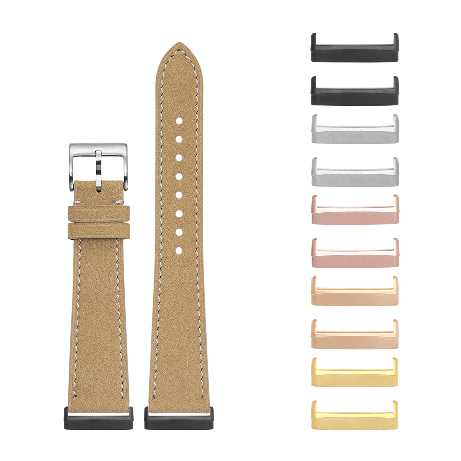 Tan Alcantara leather smartwatch band with white stitching and interchangeable metal lugs in multiple finishes including black, rose gold, and gold