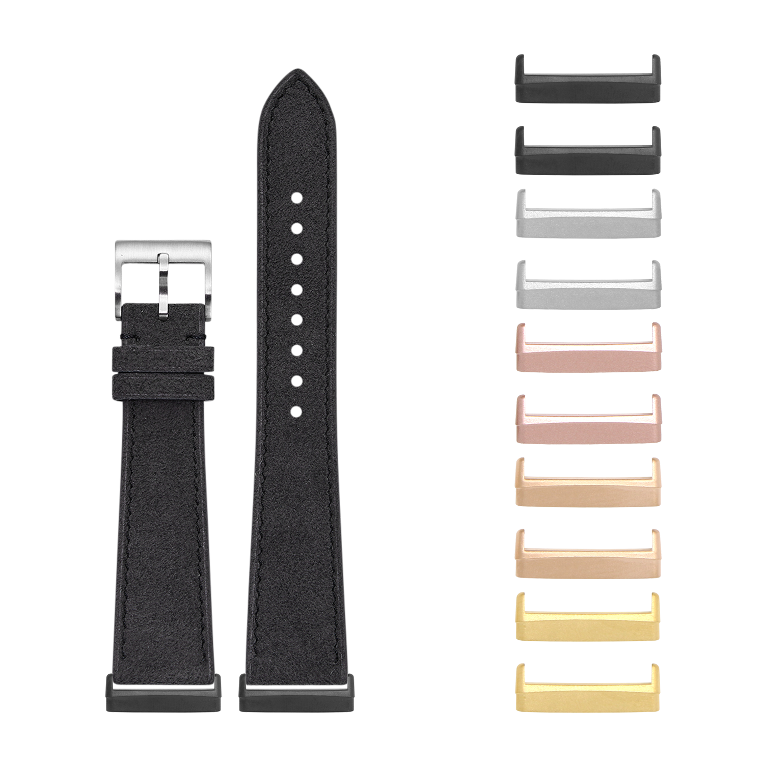 Black suede watch band with silver buckle and interchangeable metal lugs in multiple colors including black, silver, rose gold, and gold