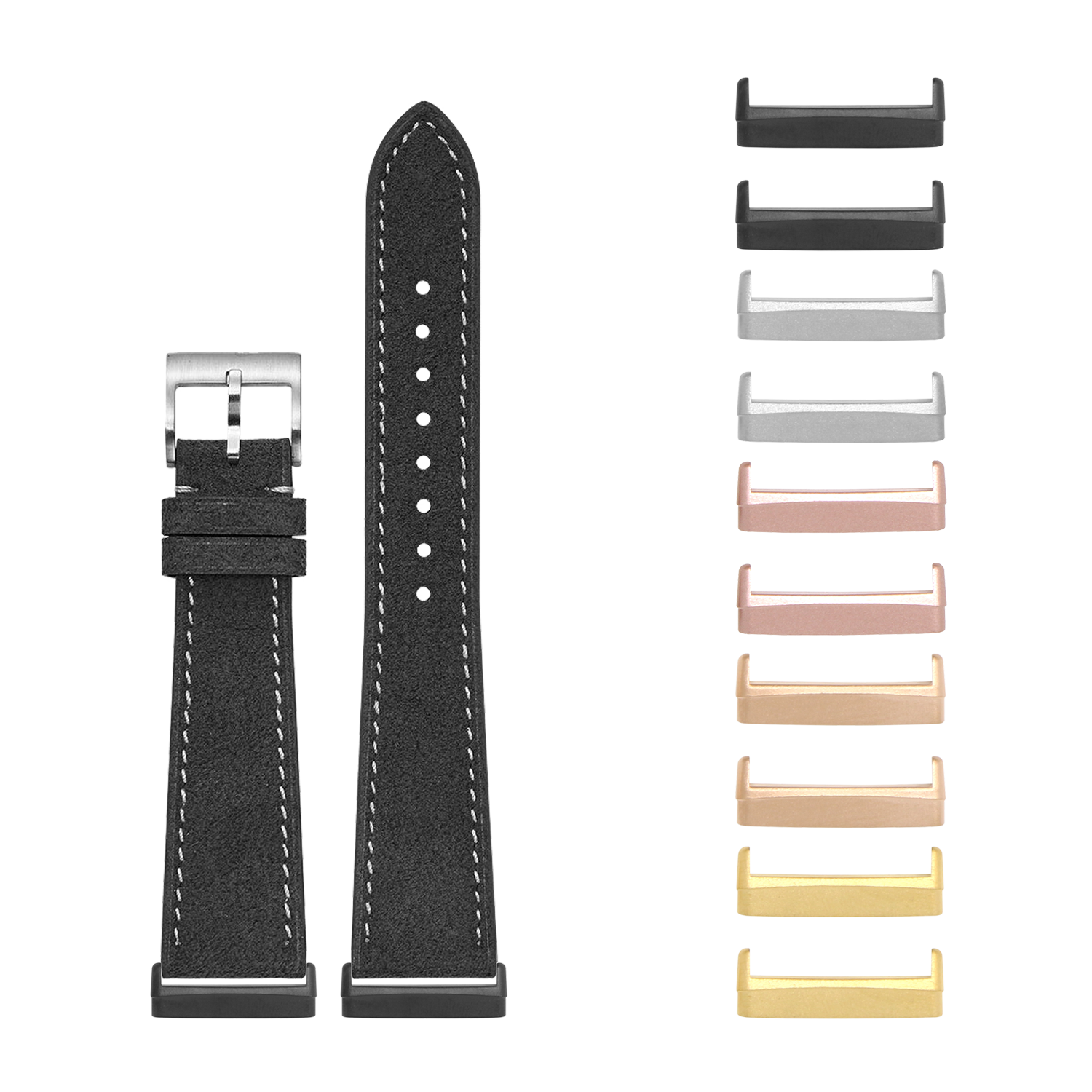 Black leather watch band with white stitching and interchangeable metal bezels in multiple colors for Fitbit Versa and Sense
