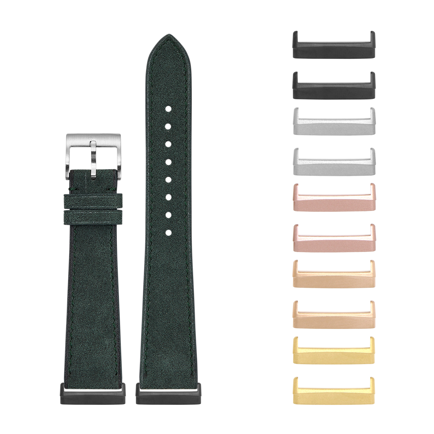 Forest green Alcantara leather watch band with silver buckle and interchangeable metal lugs in multiple finishes for Fitbit Versa and Sense