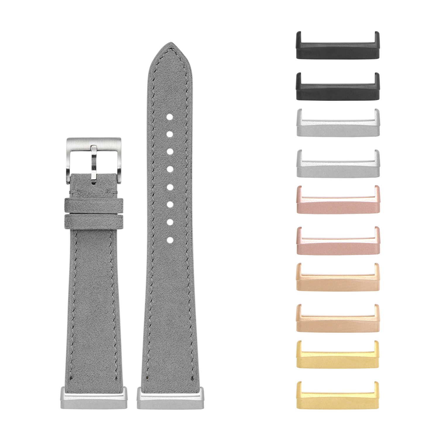 Grey Alcantara leather watch band with silver buckle for Fitbit Versa 3, Versa 4, Sense 1 and Sense 2, shown with interchangeable metal lugs in multiple colors