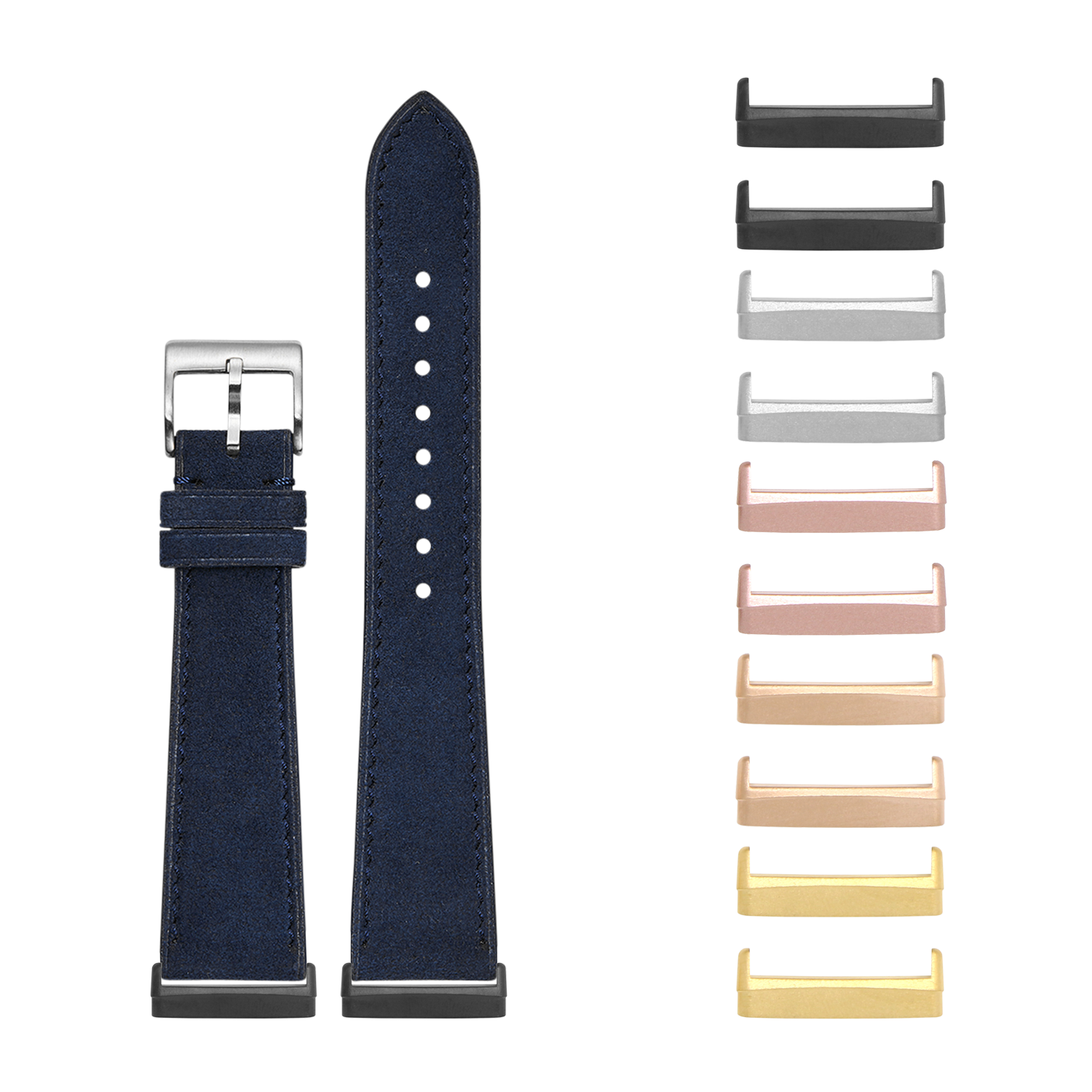 Navy blue Alcantara leather watch band with interchangeable metal case lugs for Fitbit Versa and Sense smartwatches
