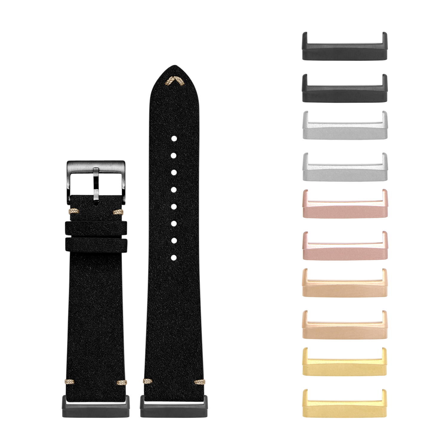 Black leather watch band with metal buckle and interchangeable metal lugs in multiple finishes for Fitbit smartwatch
