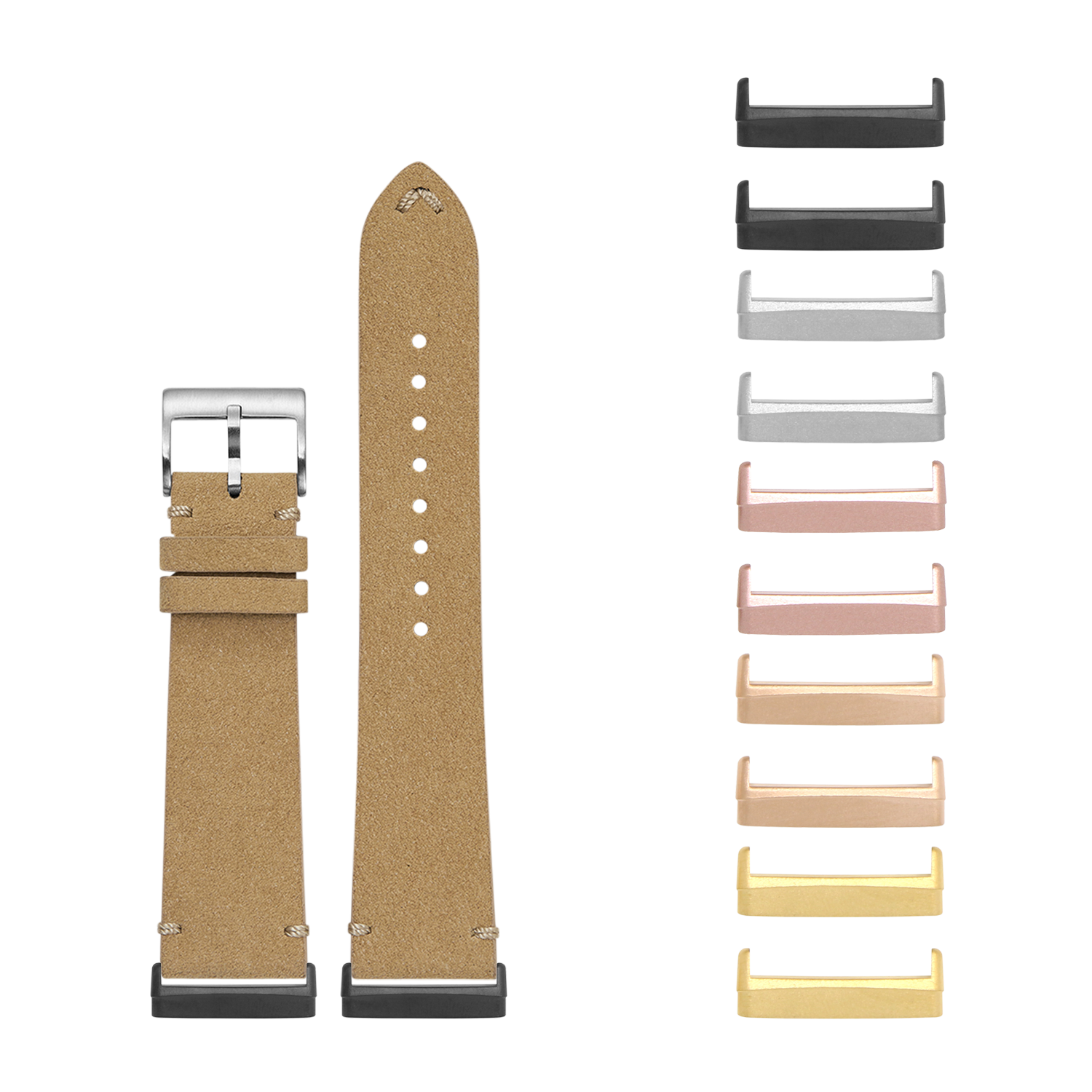 Tan suede Alcantara leather watch band with silver buckle and interchangeable metal lugs in multiple finishes for Fitbit Versa and Sense smartwatches