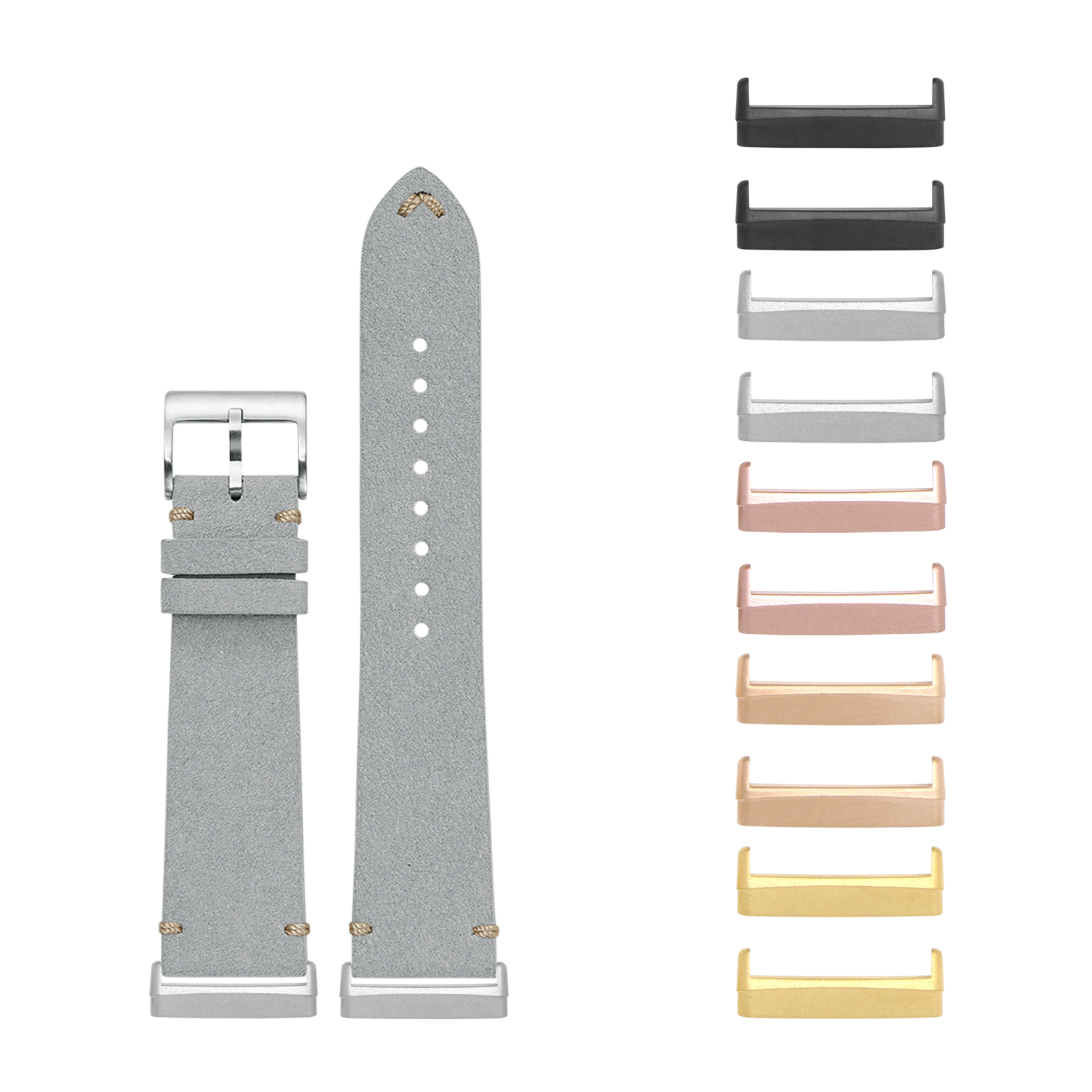 Gray alcantara leather watch band with metal buckle and interchangeable lugs in multiple finishes for Fitbit Versa and Sense smartwatches