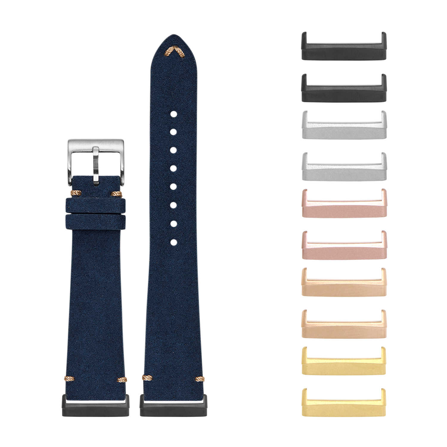 Navy blue Alcantara leather smartwatch band with stainless steel buckle and interchangeable metal case bezels in multiple finishes