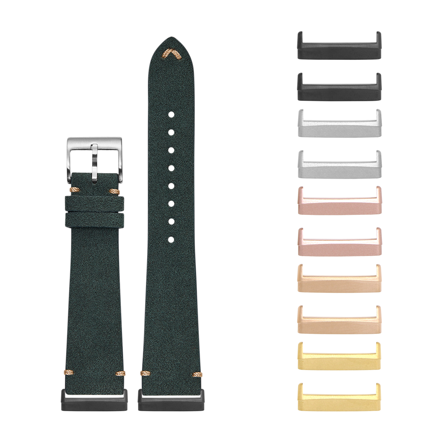 Dark green Alcantara leather smartwatch band with interchangeable metal lugs in multiple finishes including black, rose gold, and gold
