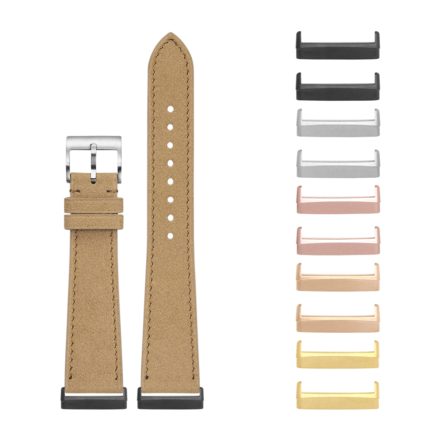 Tan alcantara leather smartwatch band with silver buckle and interchangeable metal lugs in multiple colors including black, rose gold, and champagne gold