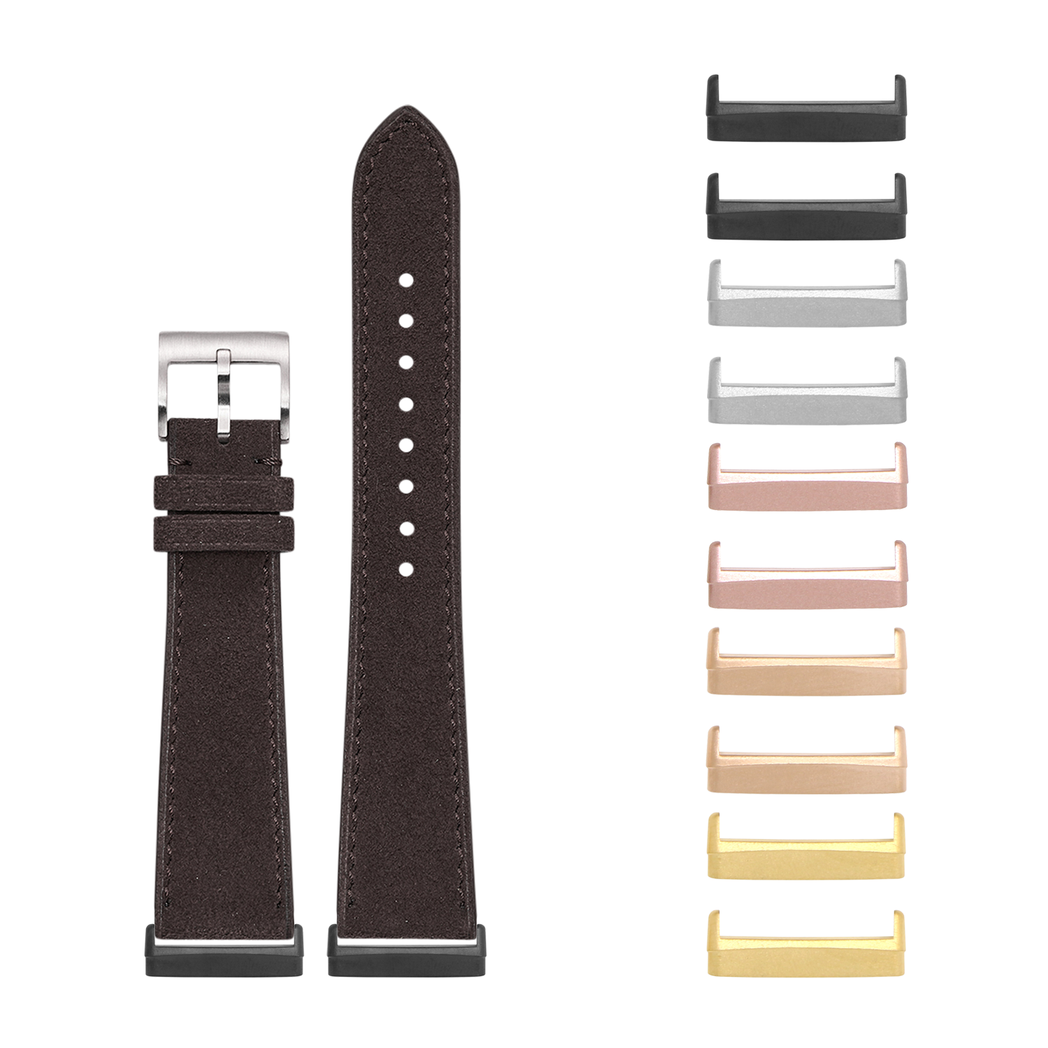 Brown alcantara leather smartwatch band with silver buckle and interchangeable metal adapters in multiple finishes for Fitbit Versa and Sense