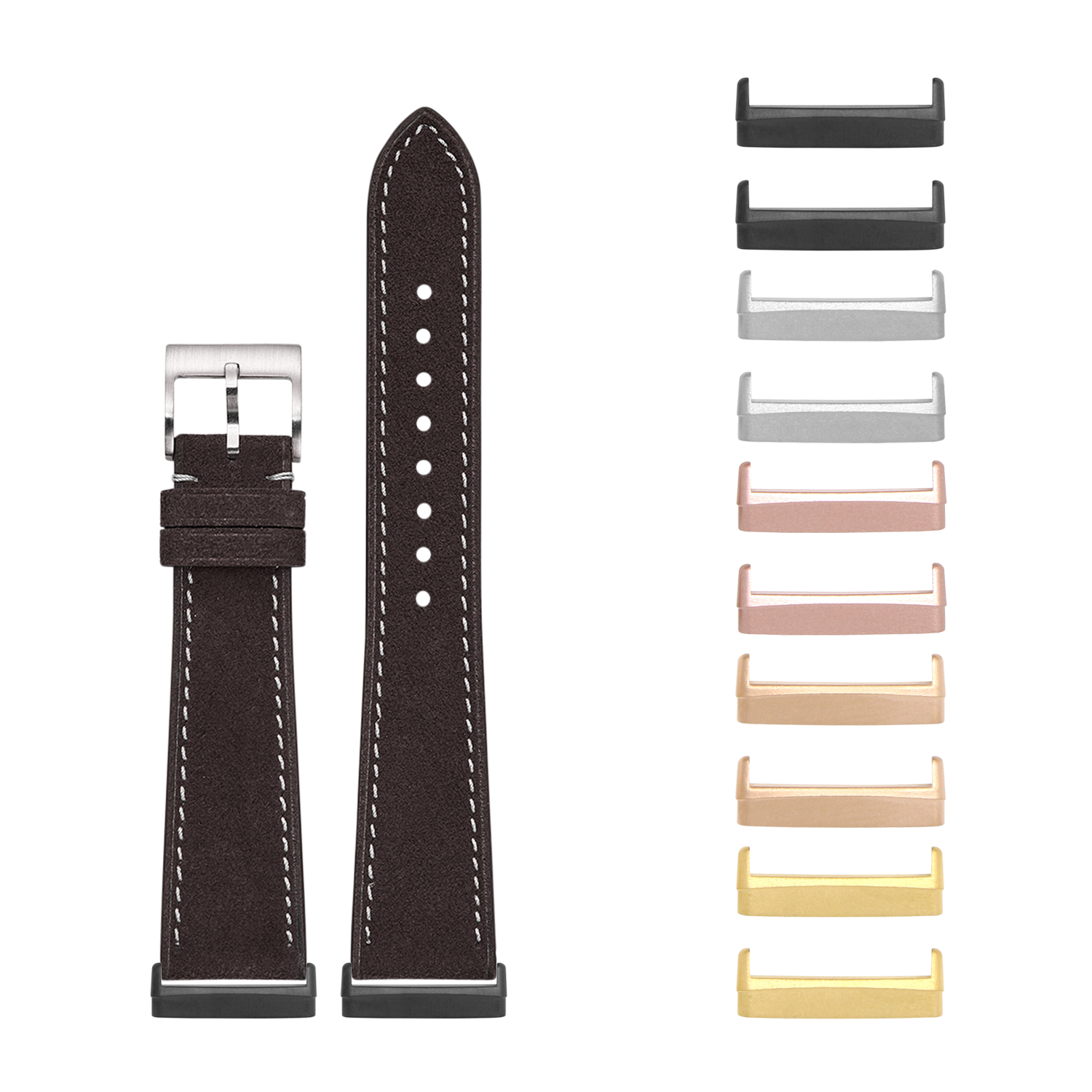 Dark brown leather watch band with white stitching and interchangeable metal lugs in multiple finishes for Fitbit Versa and Sense smartwatches
