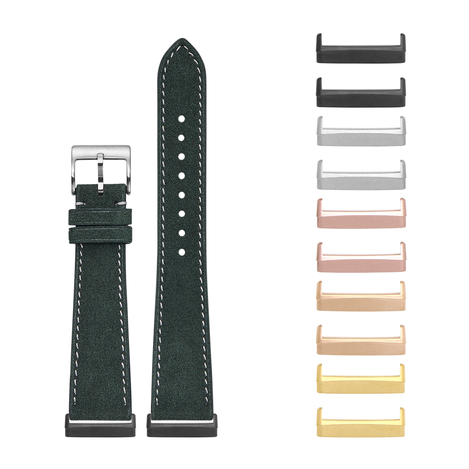 Green leather watch band with white stitching and interchangeable metal connectors for Fitbit Versa and Sense smartwatches