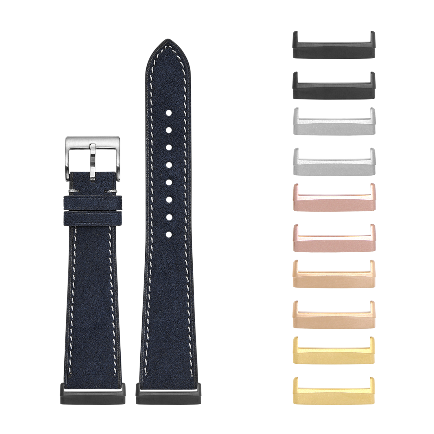 Navy blue Alcantara leather watch band with white stitching and interchangeable metal lugs in multiple finishes for Fitbit Versa and Sense