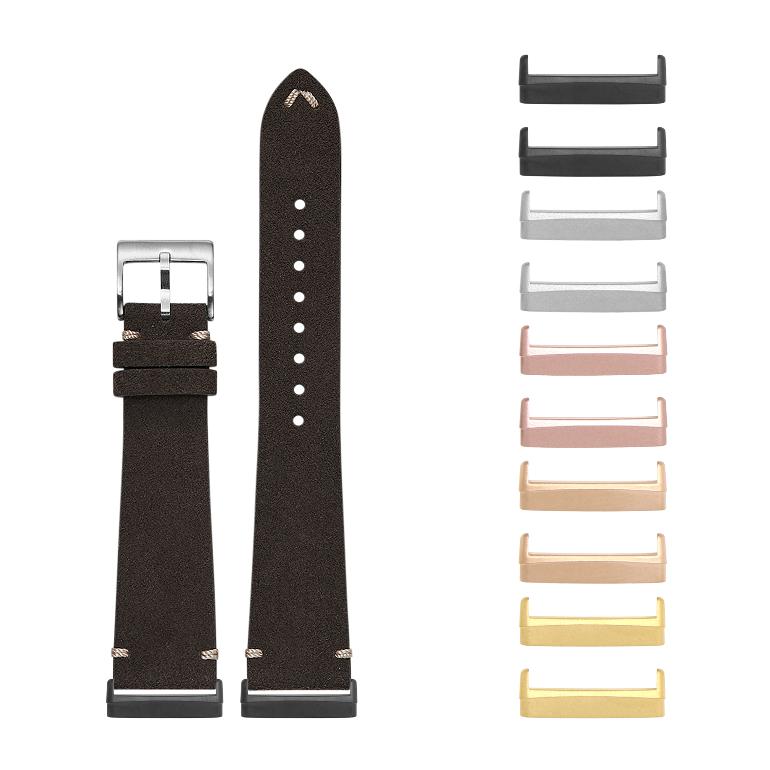 Dark brown Alcantara leather watch band with metal buckle and interchangeable lugs in multiple metal finishes for Fitbit smartwatch